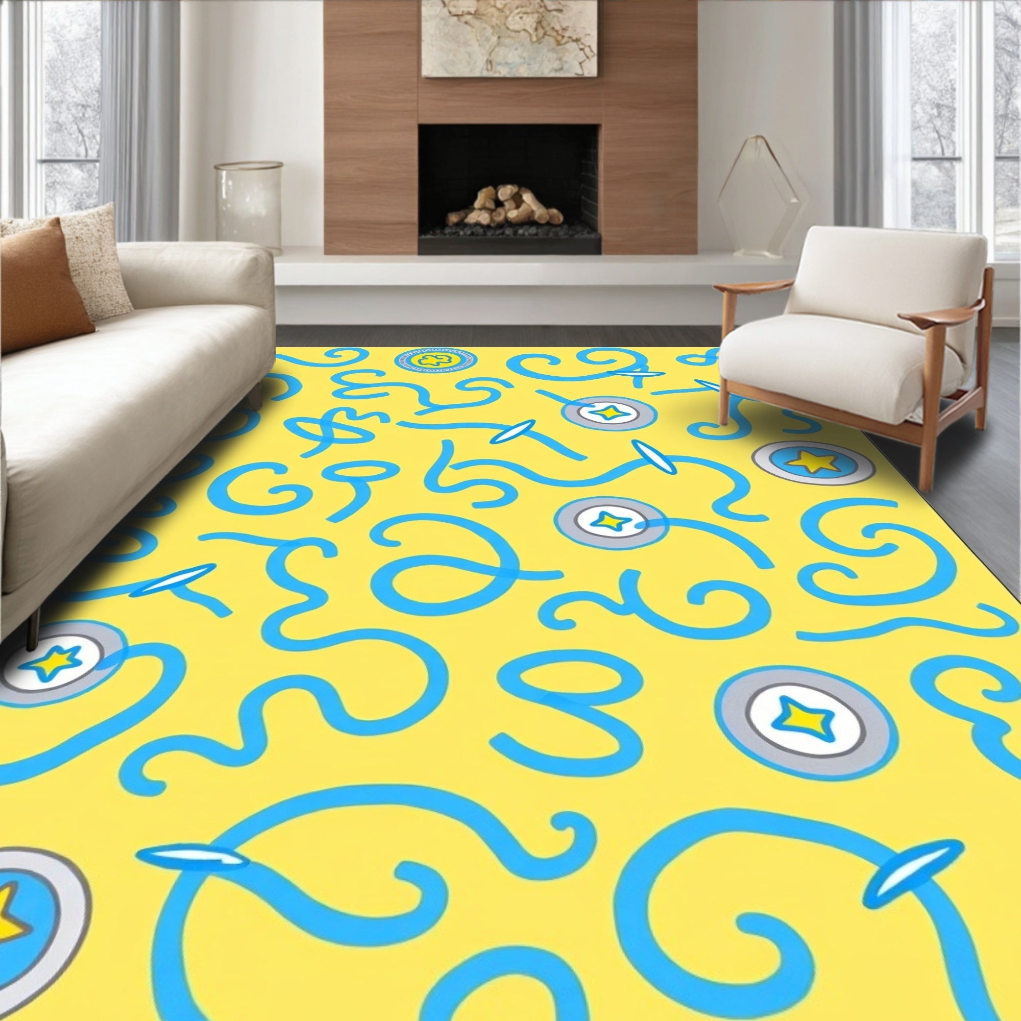 Sunny Yellow Blue Whimsical Swirls Rug