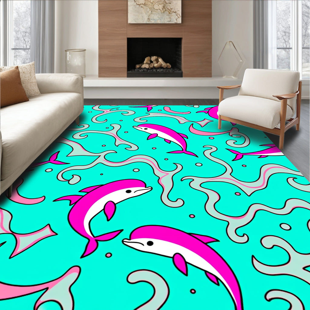 Pink Dolphins Teal Swirls Rug