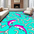Pink Dolphins Teal Swirls Rug