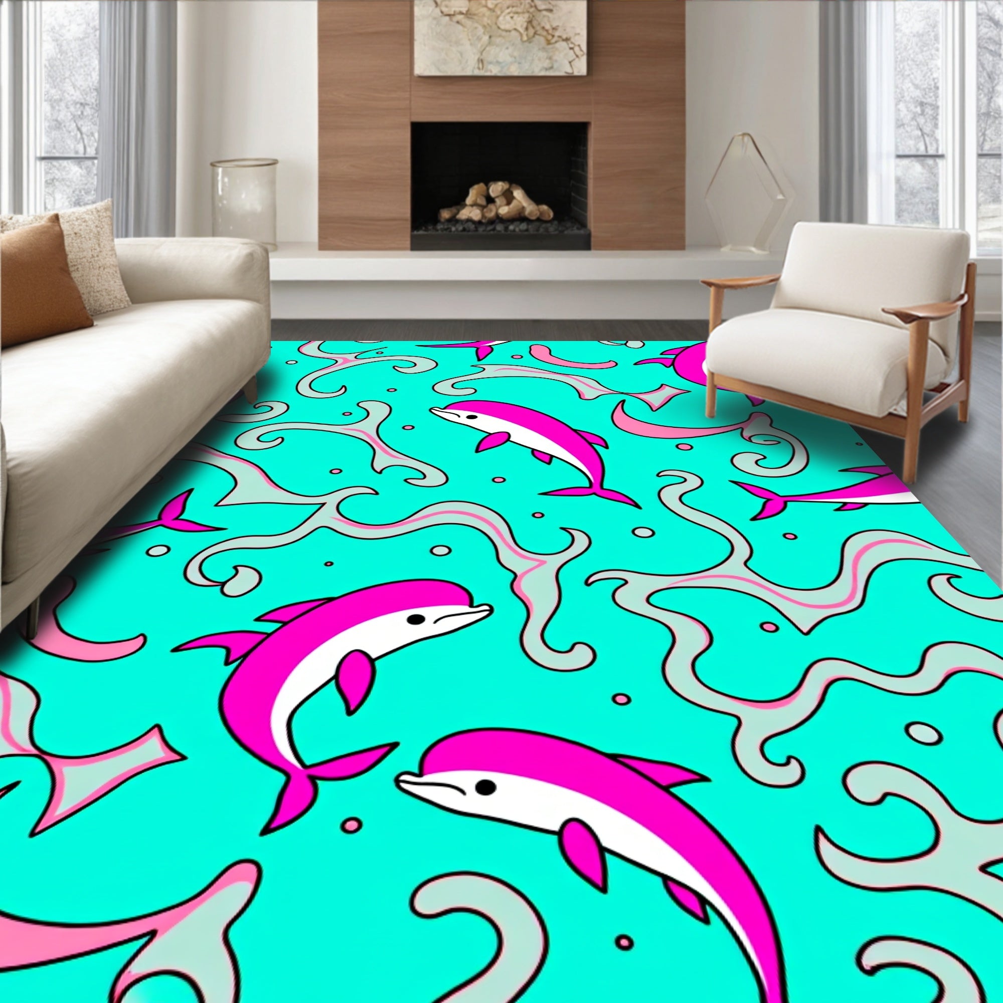Pink Dolphins Teal Swirls Rug