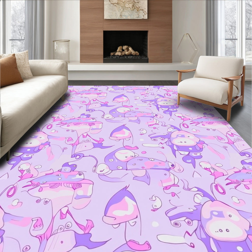 Whimsical Purple Cream Character Collage Rug