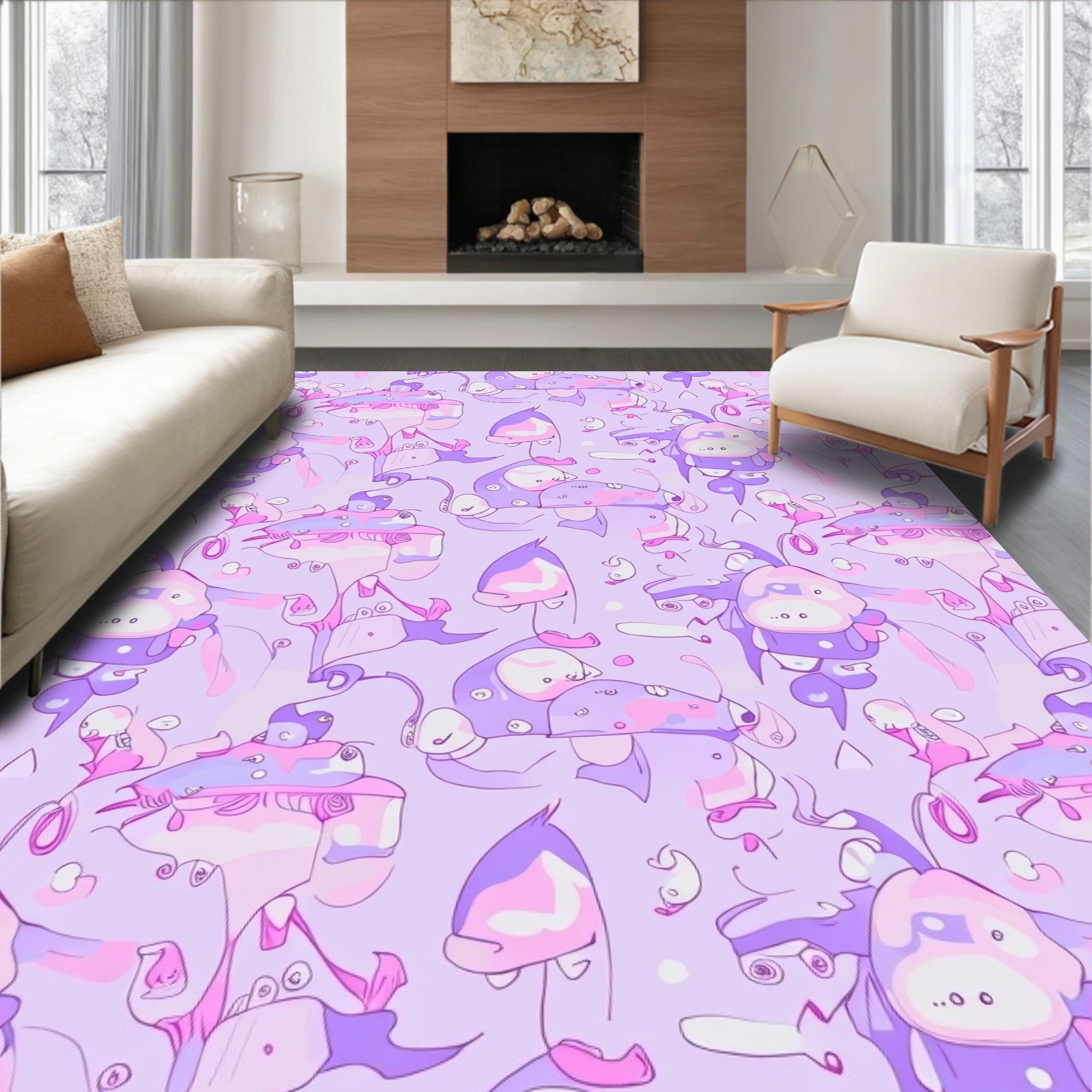 Whimsical Purple Cream Character Collage Rug