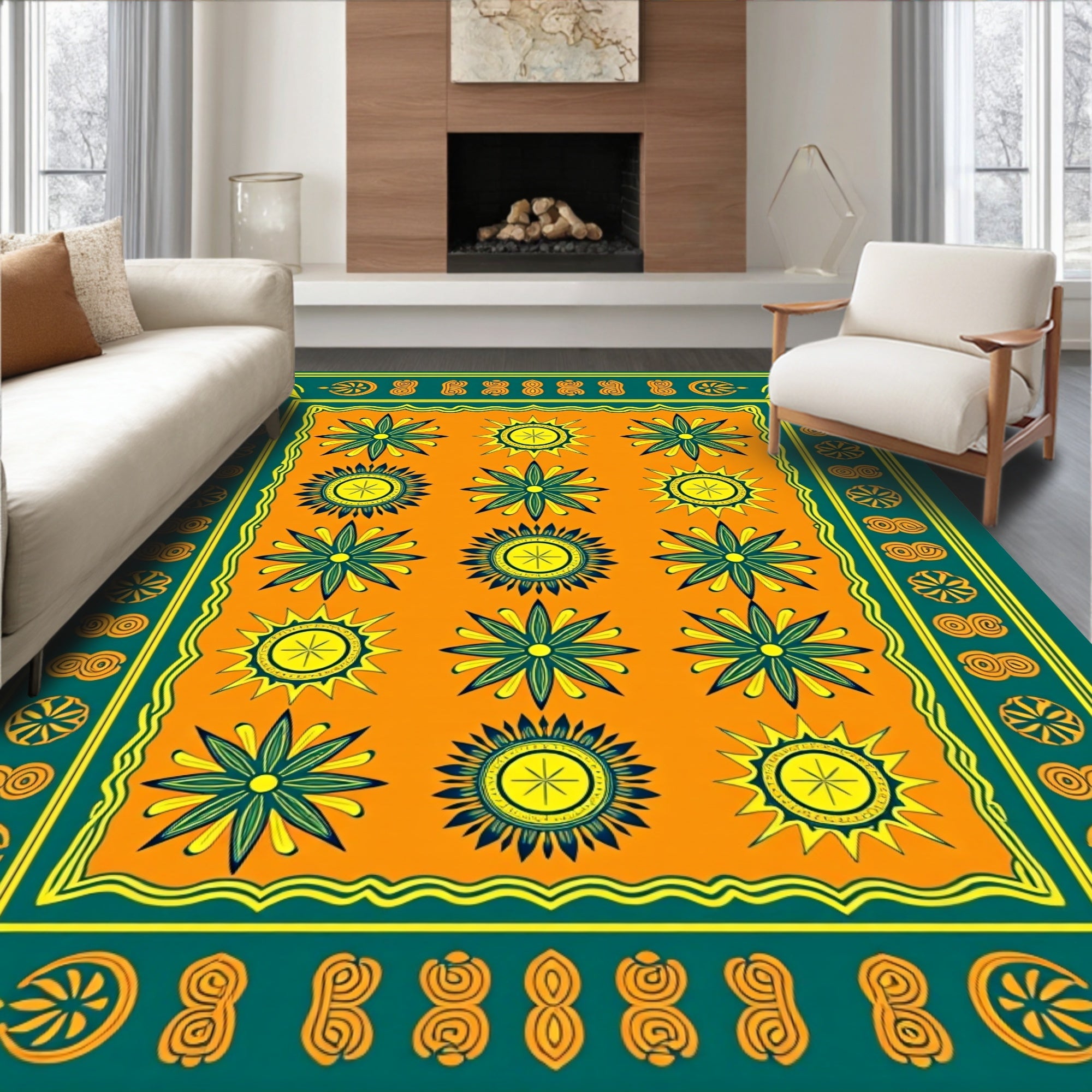 Teal Orange Floral Sunburst Rug
