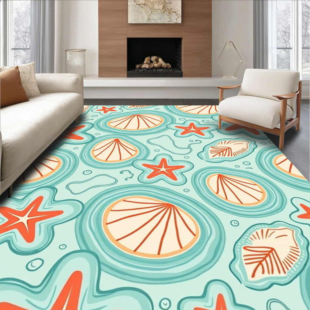 Oceanic Starfish Shells Aqua Coral Rug