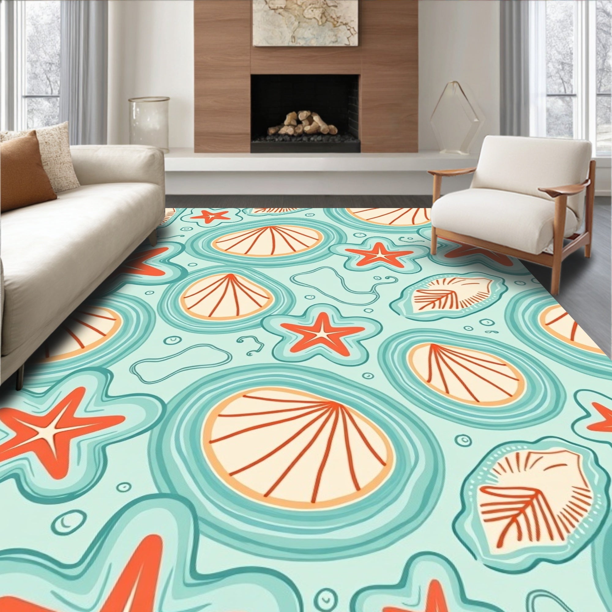 Oceanic Starfish Shells Aqua Coral Rug