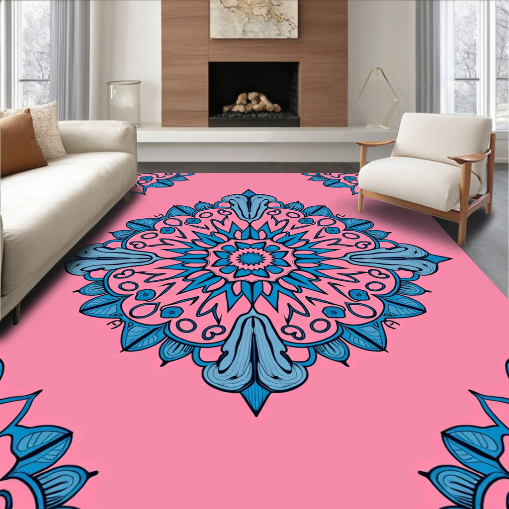 Shimmering Blue Floral Mandala Pink Background Rug