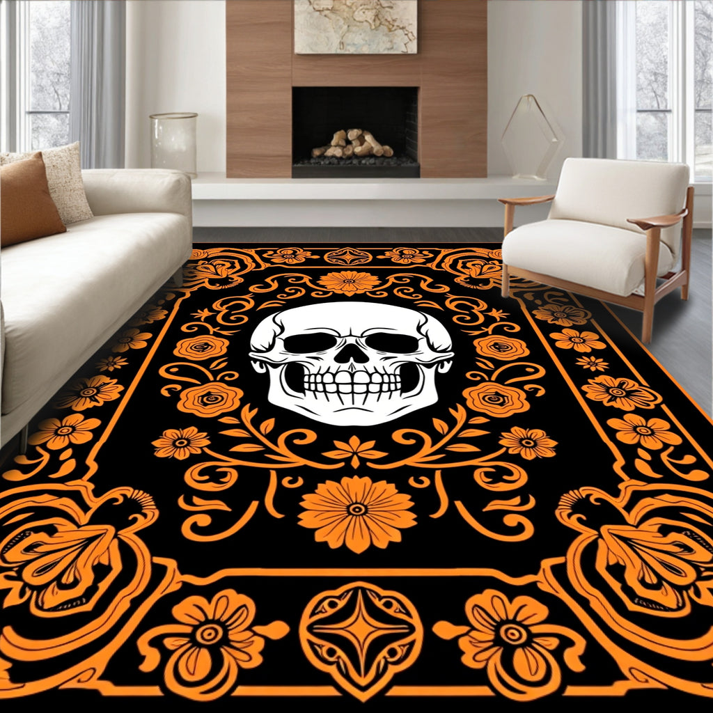 Monochromatic Orange Floral Skull Border Rug