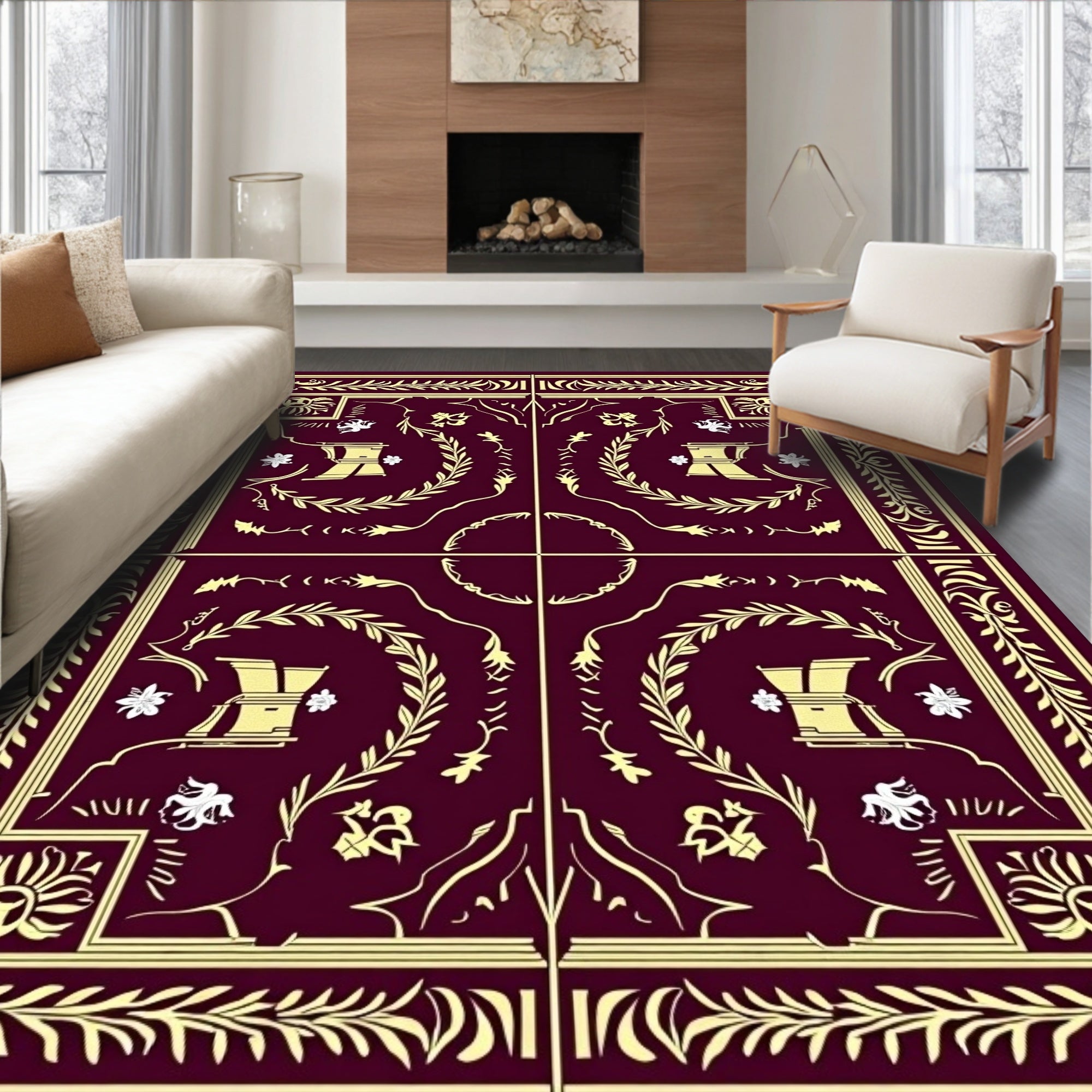 Ornate Crimson Golden Floral Border Rug