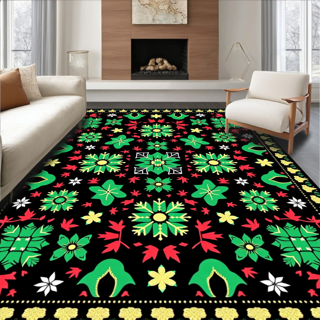 Vintage Black Green Red Floral Star Rug