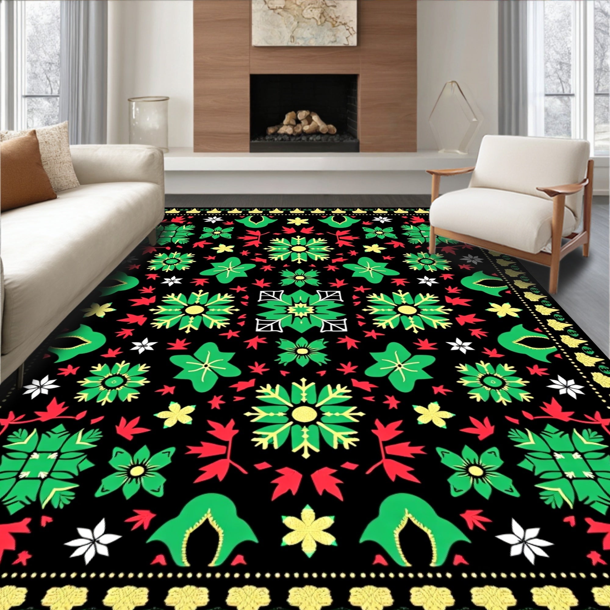 Vintage Black Green Red Floral Star Rug