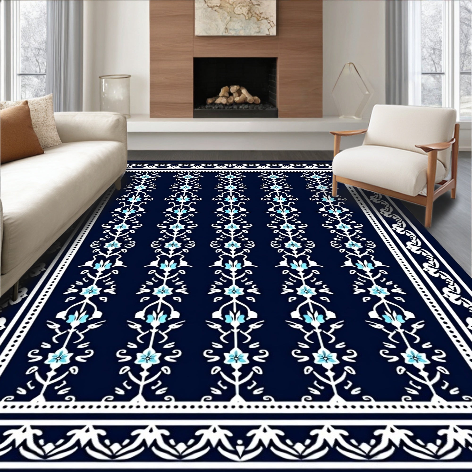 Deep Blue Floral Scrollwork Border Rug
