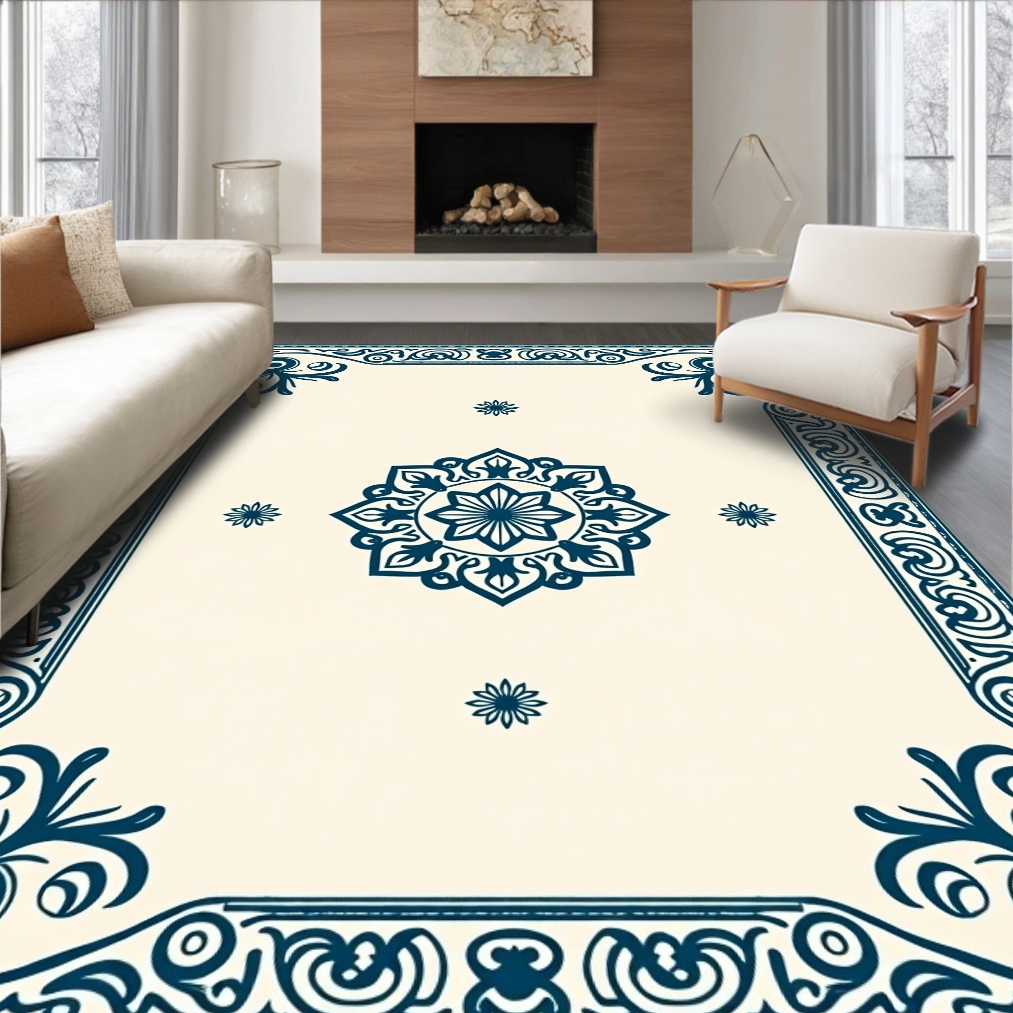 Deep Blue Ornate Floral Medallion Rug