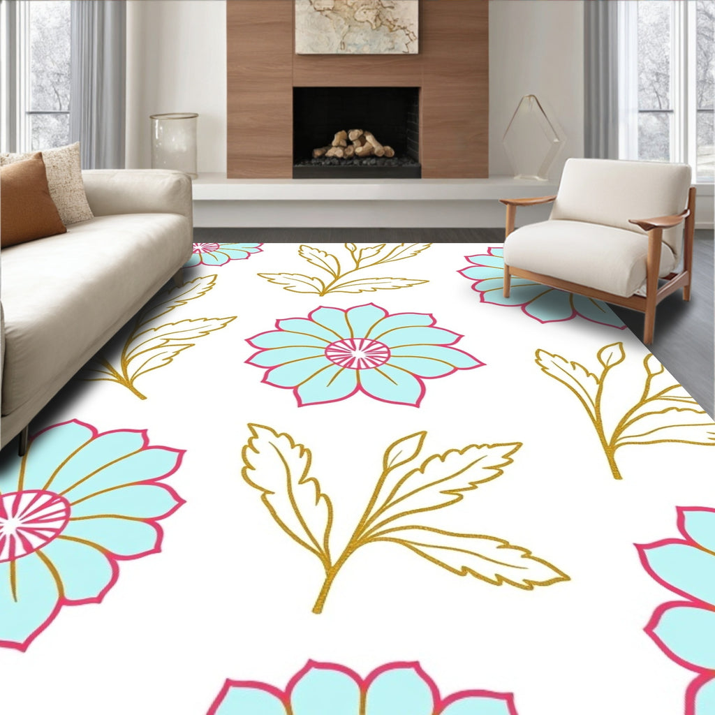 Aqua Pink Golden Floral Arrangement Rug