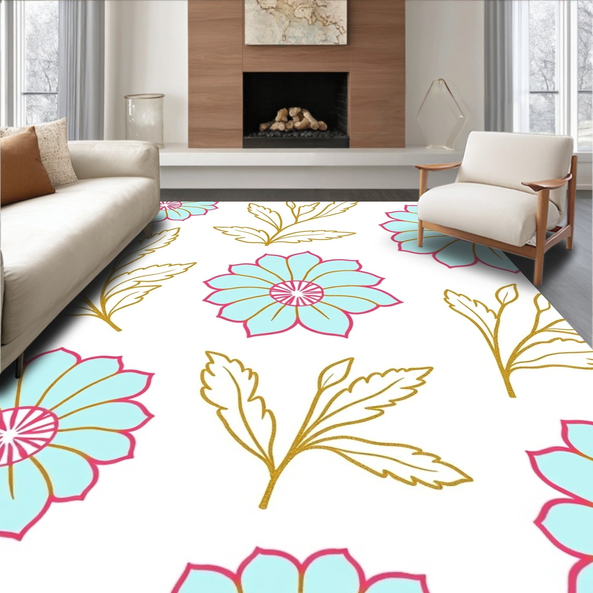Aqua Pink Golden Floral Arrangement Rug