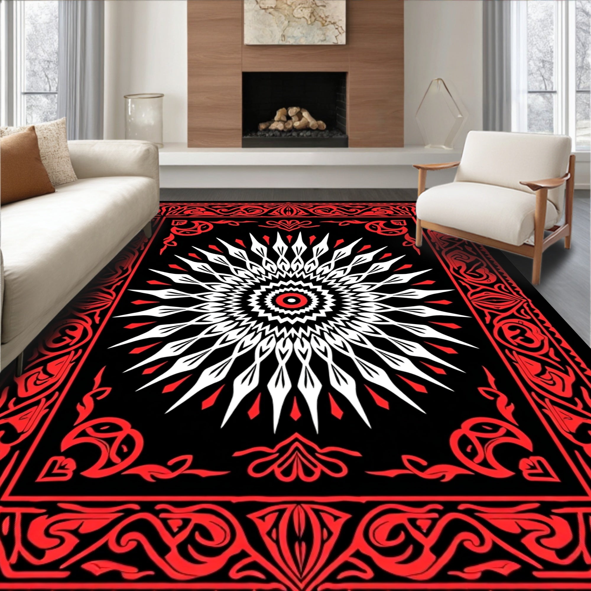 Intricate Red Black Sunburst Medallion Rug