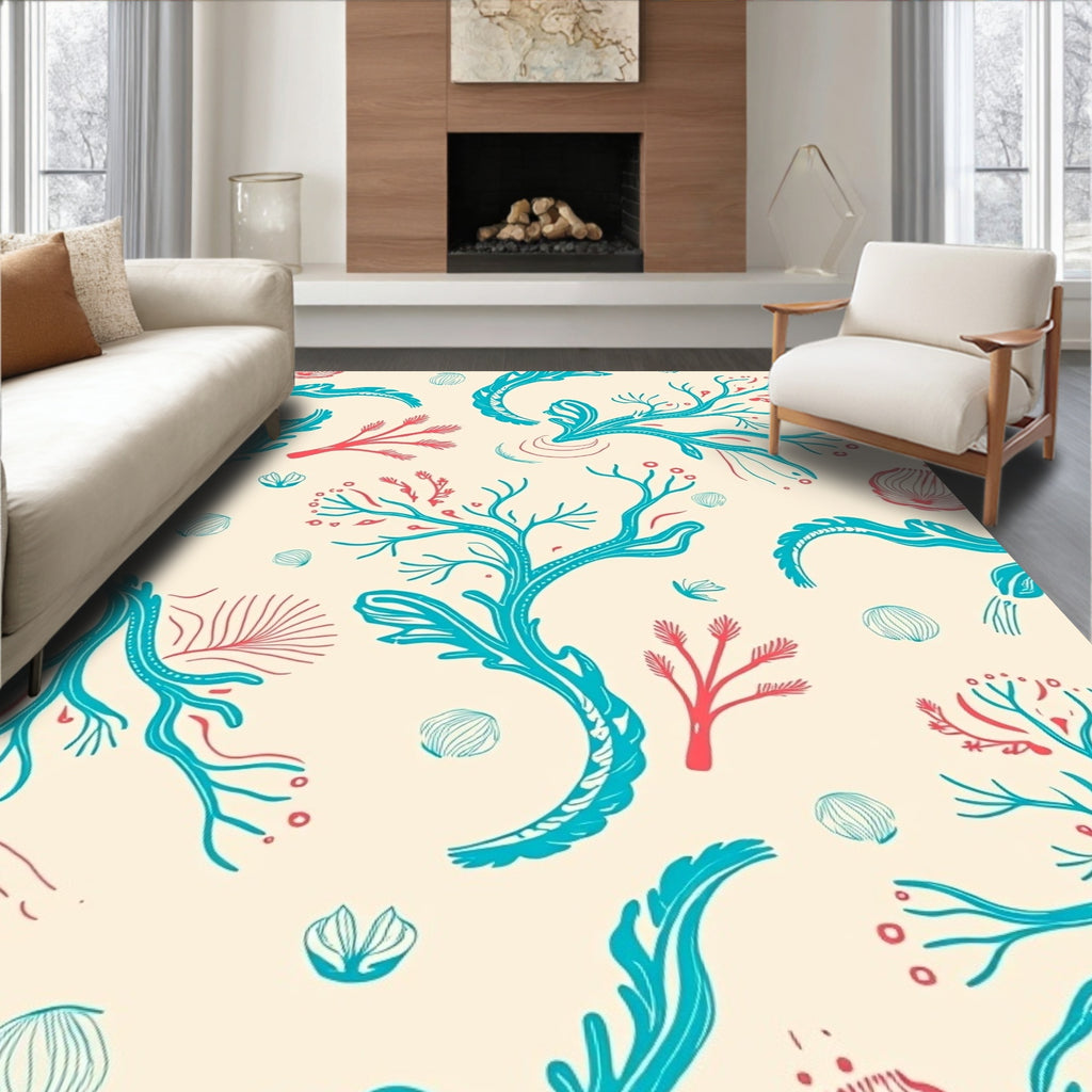Coral Branch Teal Coral Cream Rug