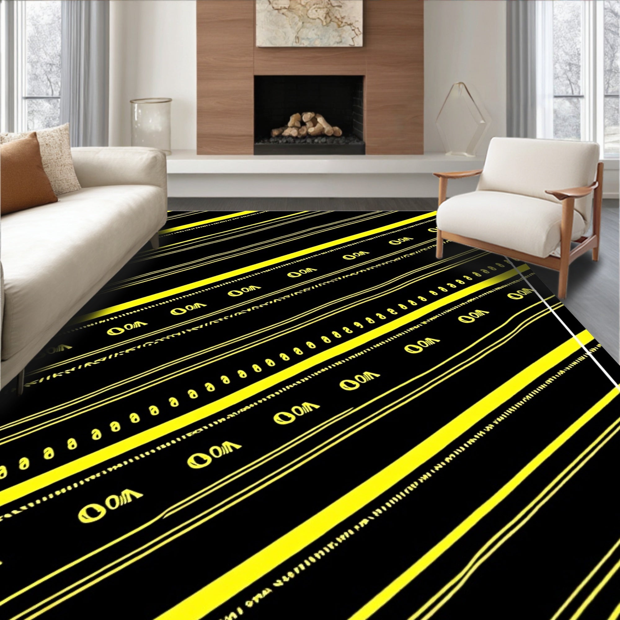 Bold Black Yellow Diagonal Stripe Rug