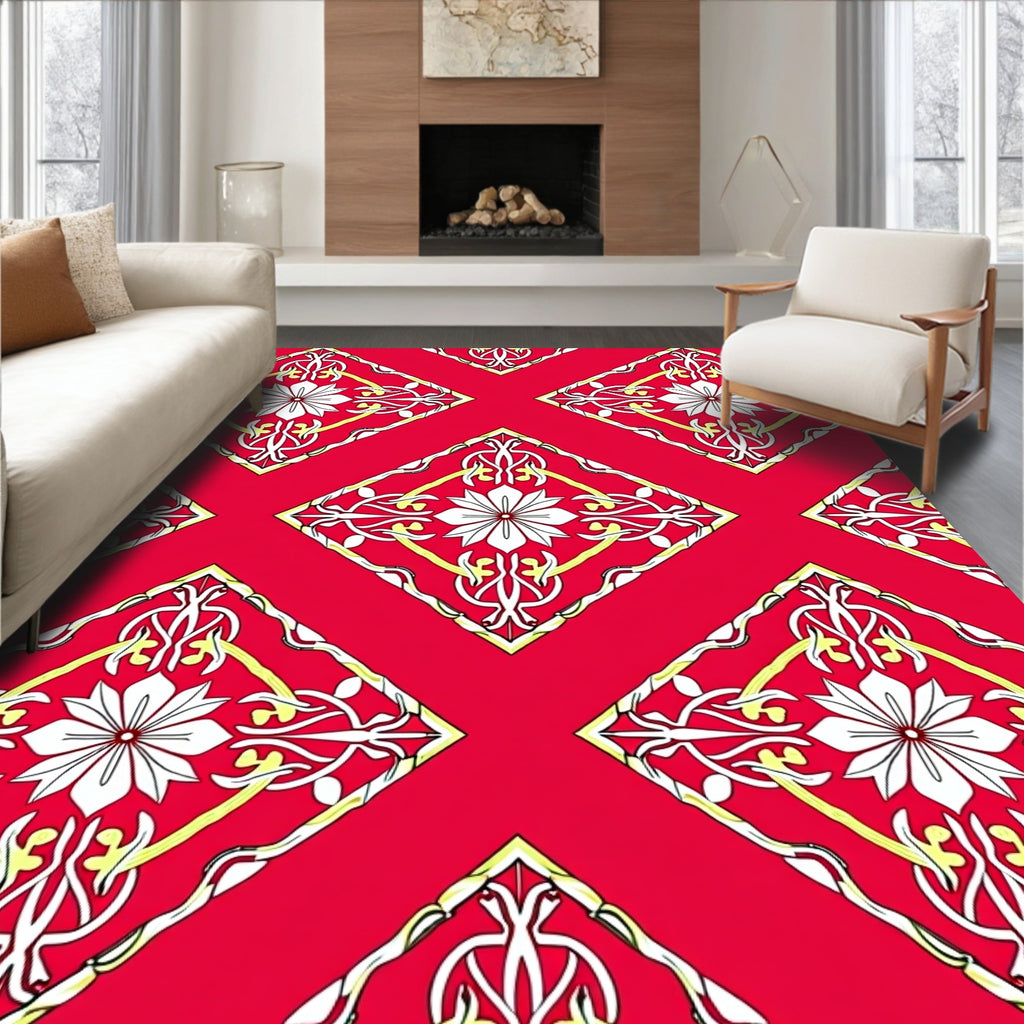 Red Vintage Floral Diamond Rhombus Rug