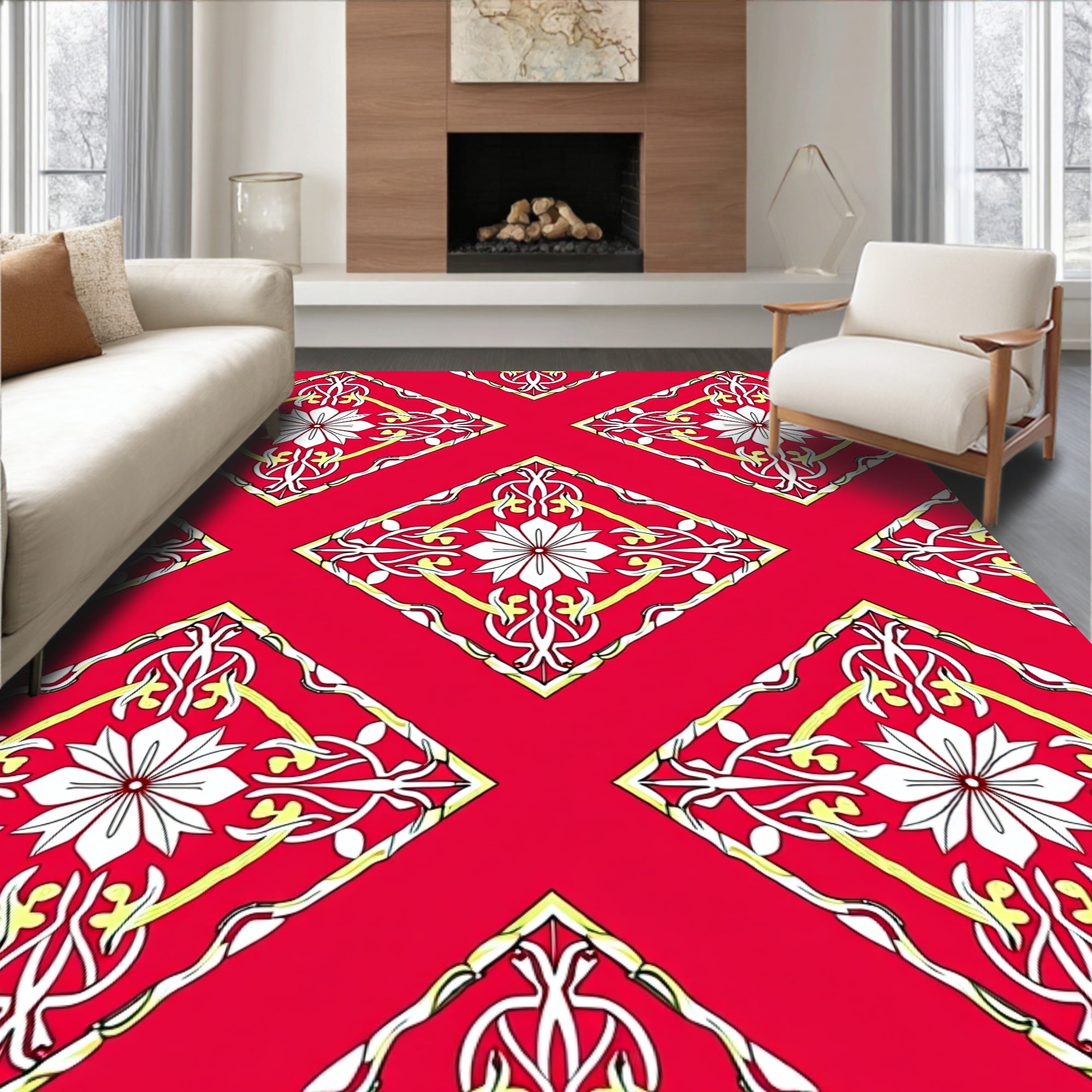Red Vintage Floral Diamond Rhombus Rug