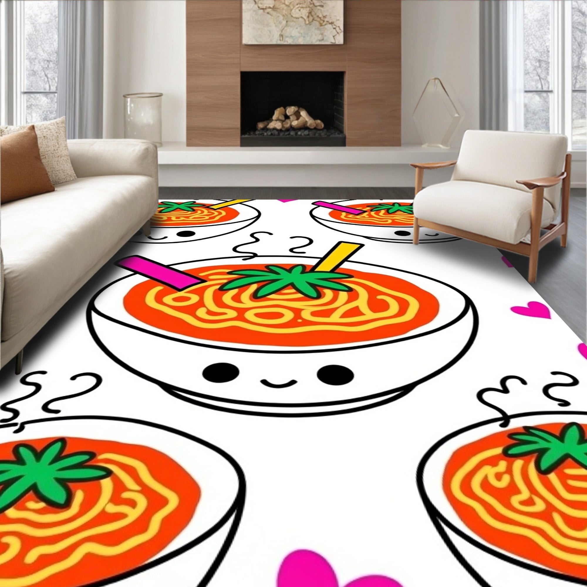 Kawaii Red Noodle Soup Hearts Rug