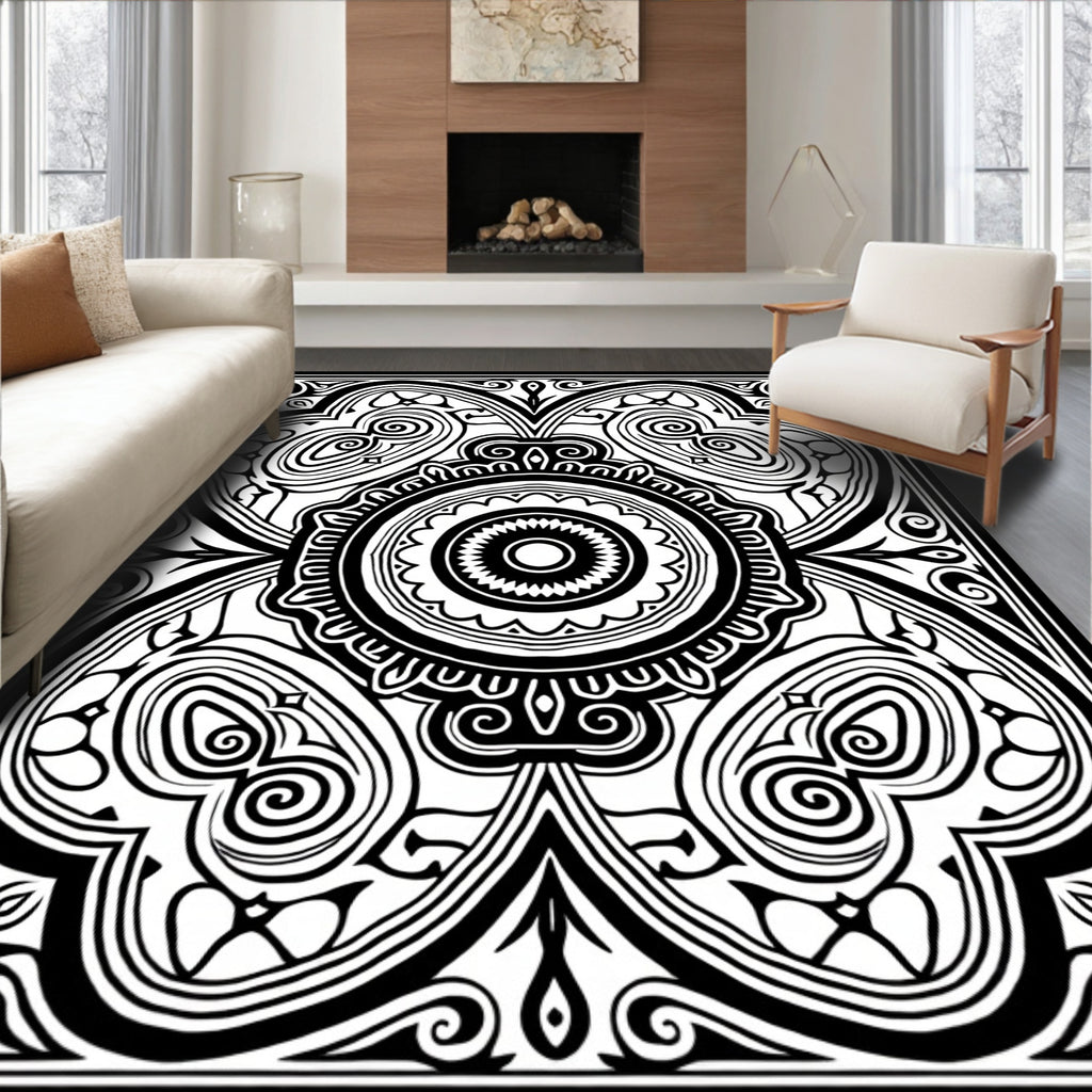 Bold Black and White Floral Medallion Rug