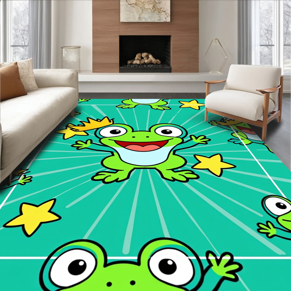 Happy Green Frog Crown Star Background Rug