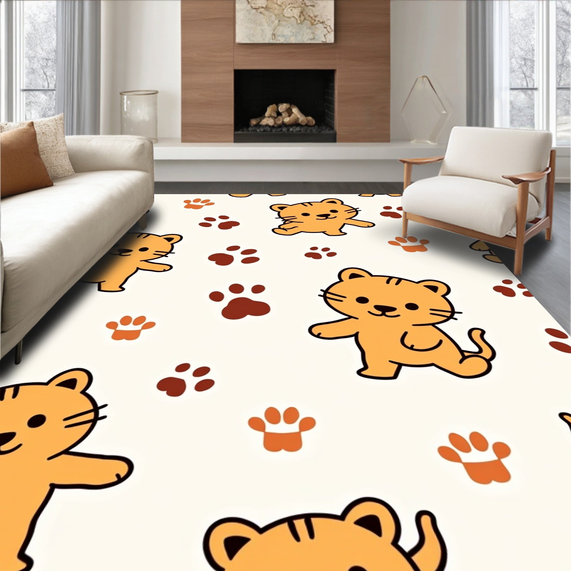 Playful Orange Kittens Paw Prints Rug