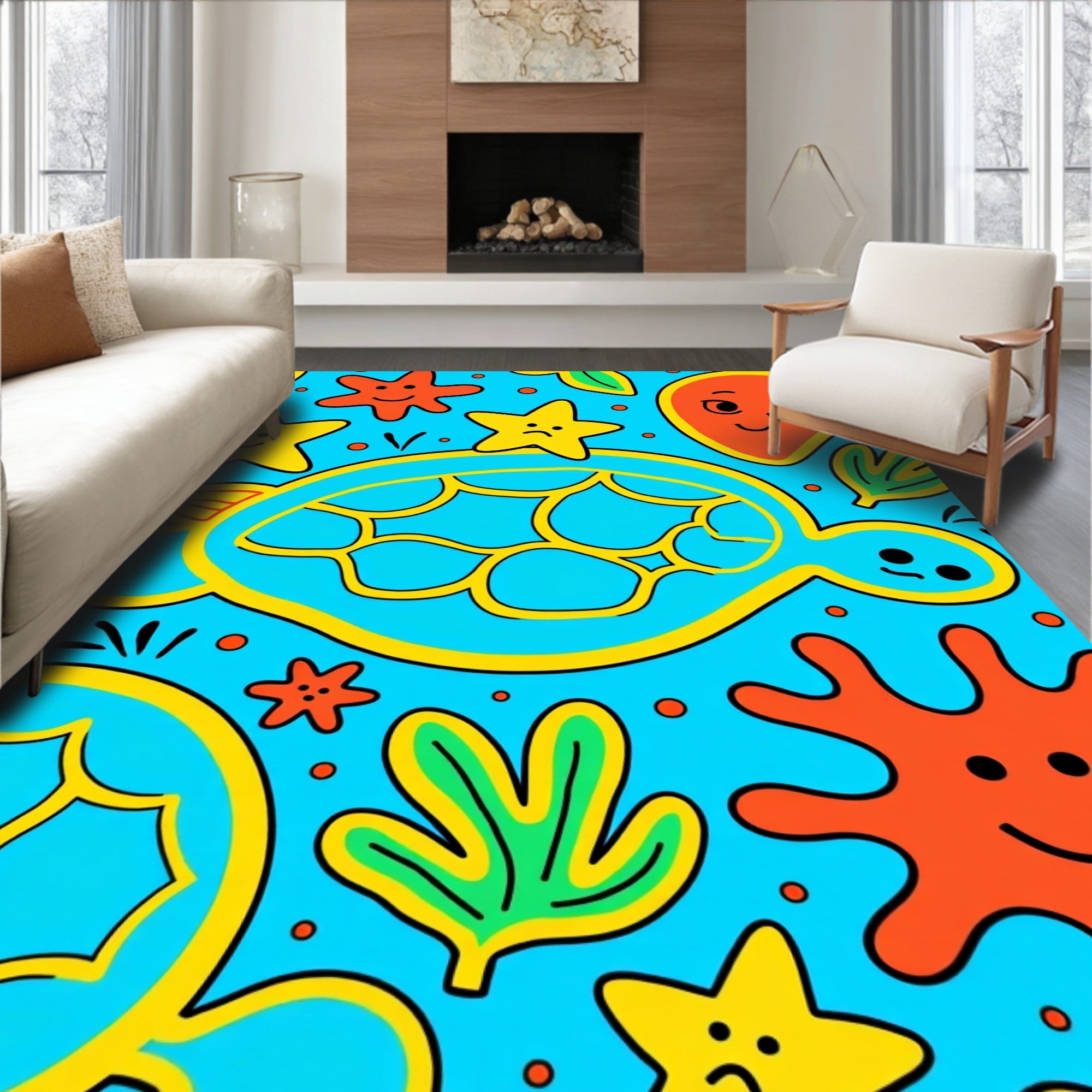 Whimsical Ocean Turtle Yellow Border Rug
