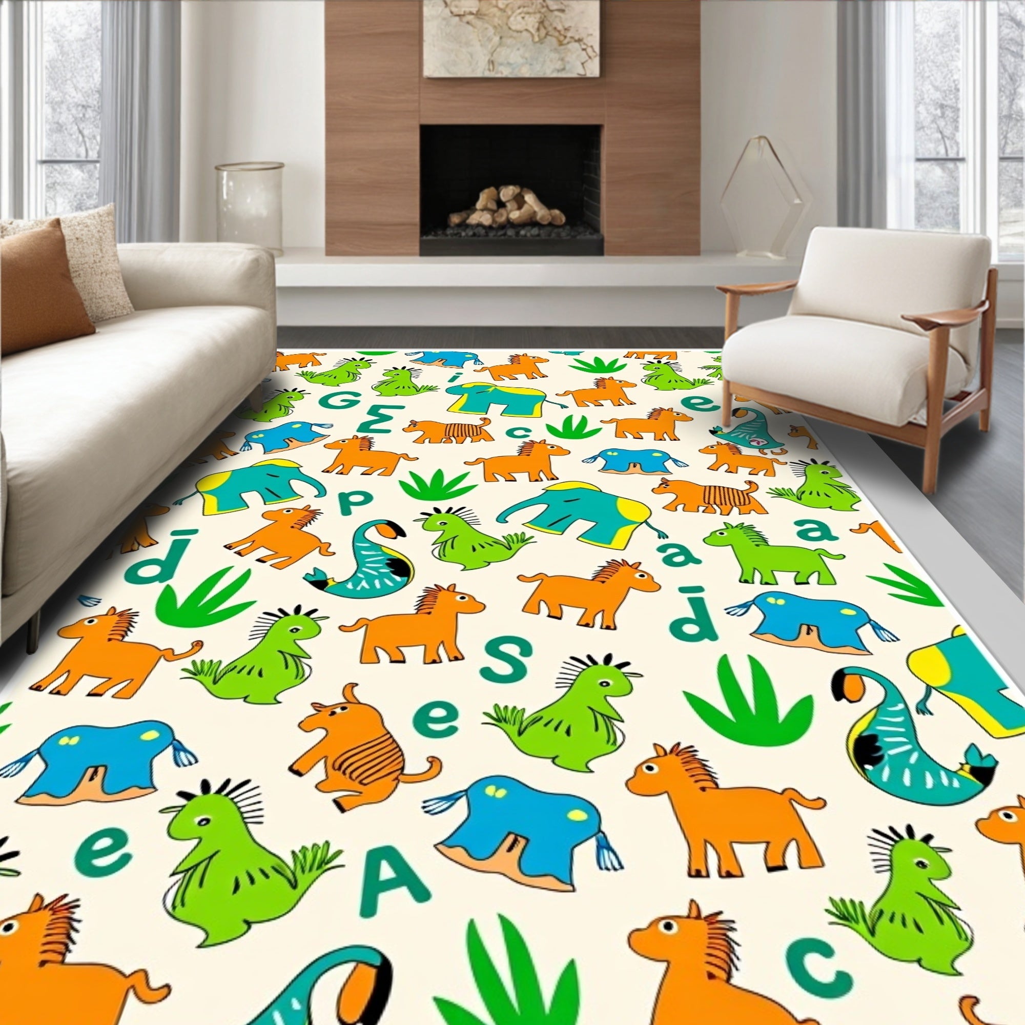 Cartoon Animals Playful Ivory Background Rug