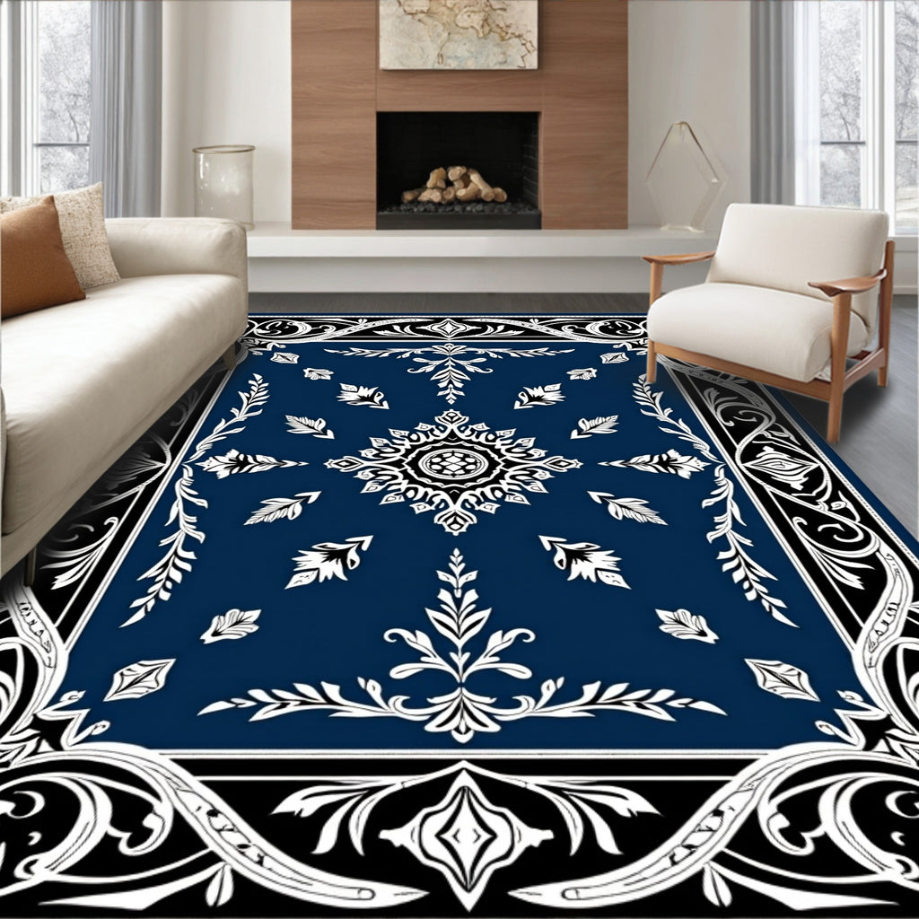Midnight Blue Ornate Foliage Mandala Rug