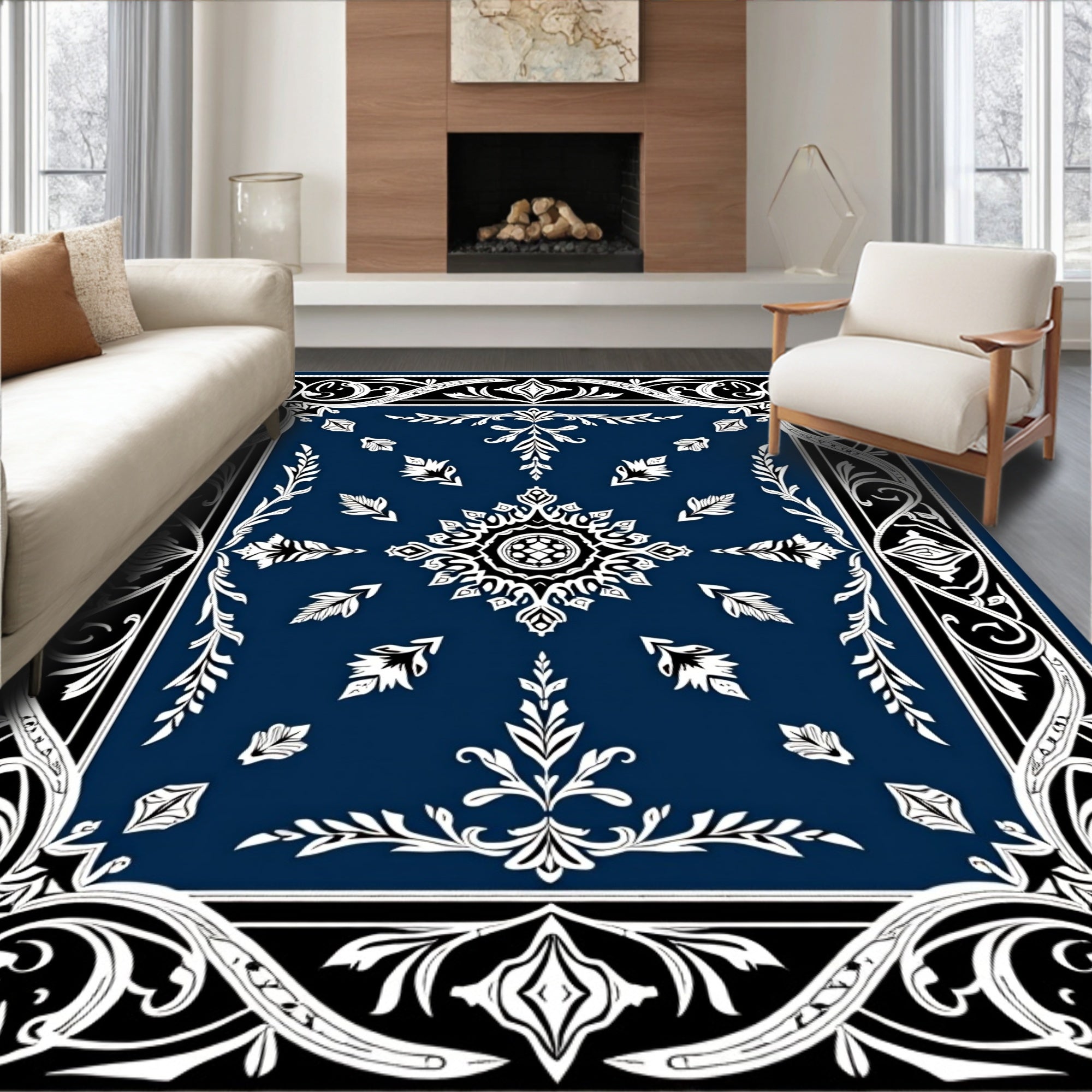 Midnight Blue Ornate Foliage Mandala Rug