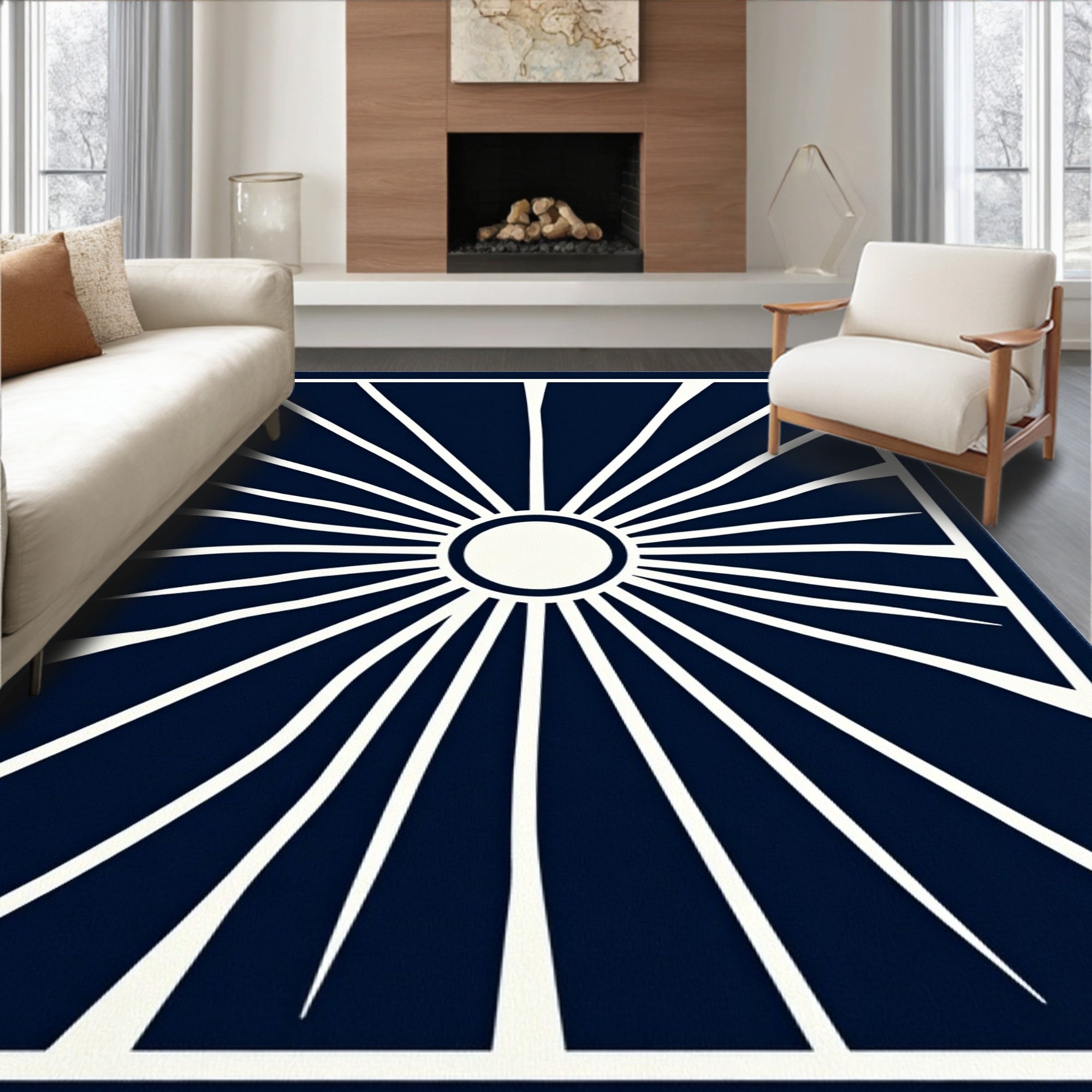 Deep Blue Sunburst Rays Rug