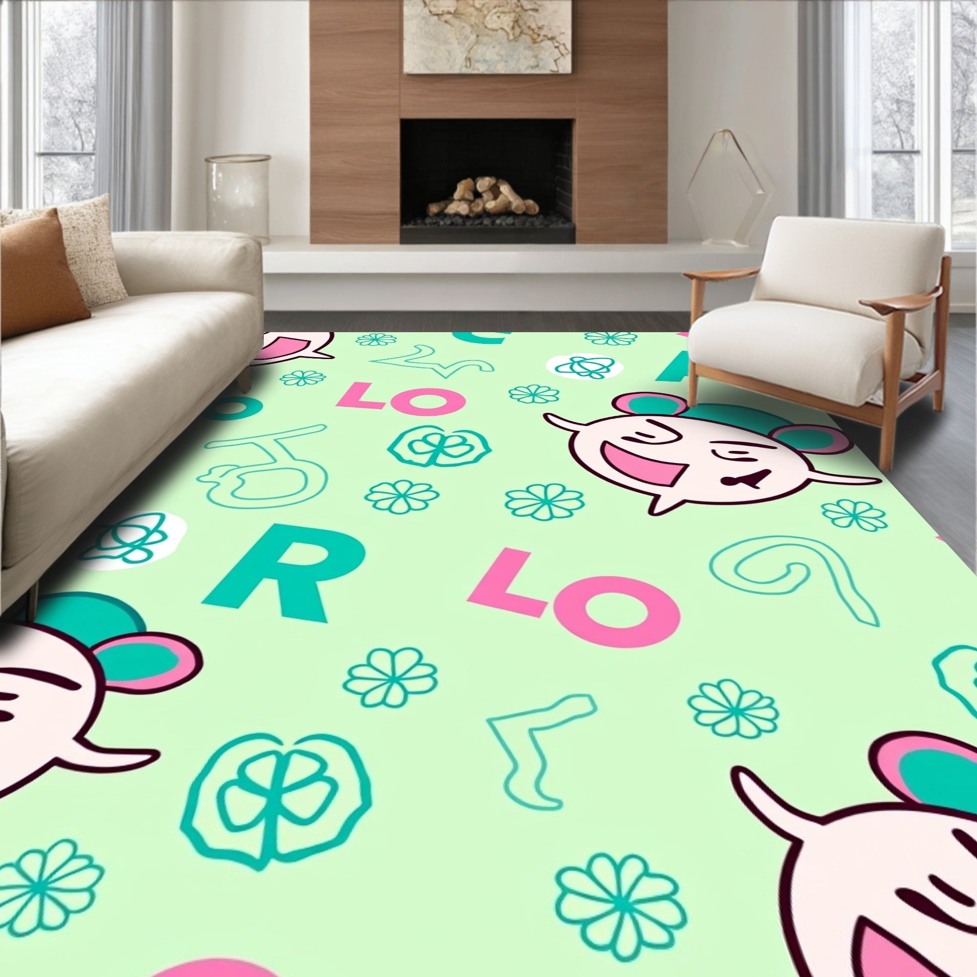 Pink Green Whimsical Character Alphabet Rug