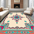 Vibrant Coral Teal Floral Medallion Rug