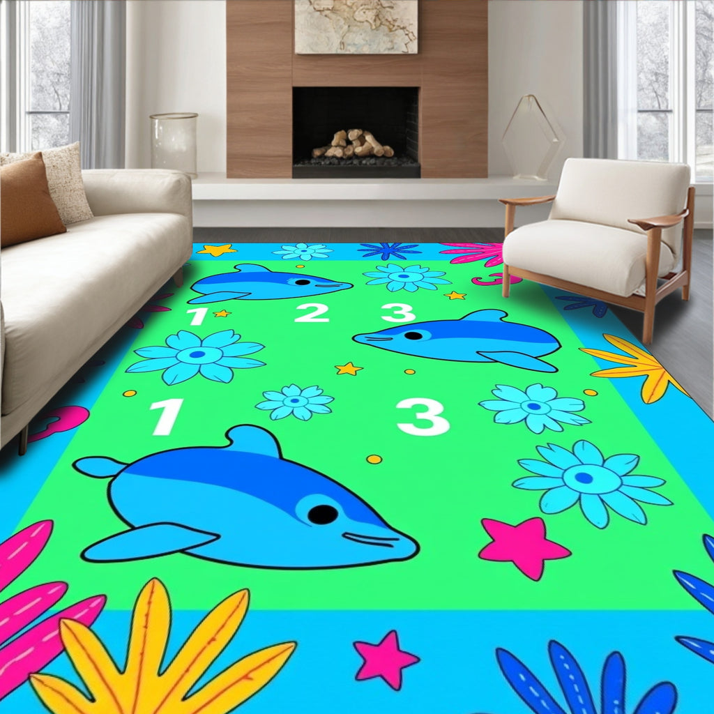 Bright Blue Dolphins Floral Border Rug