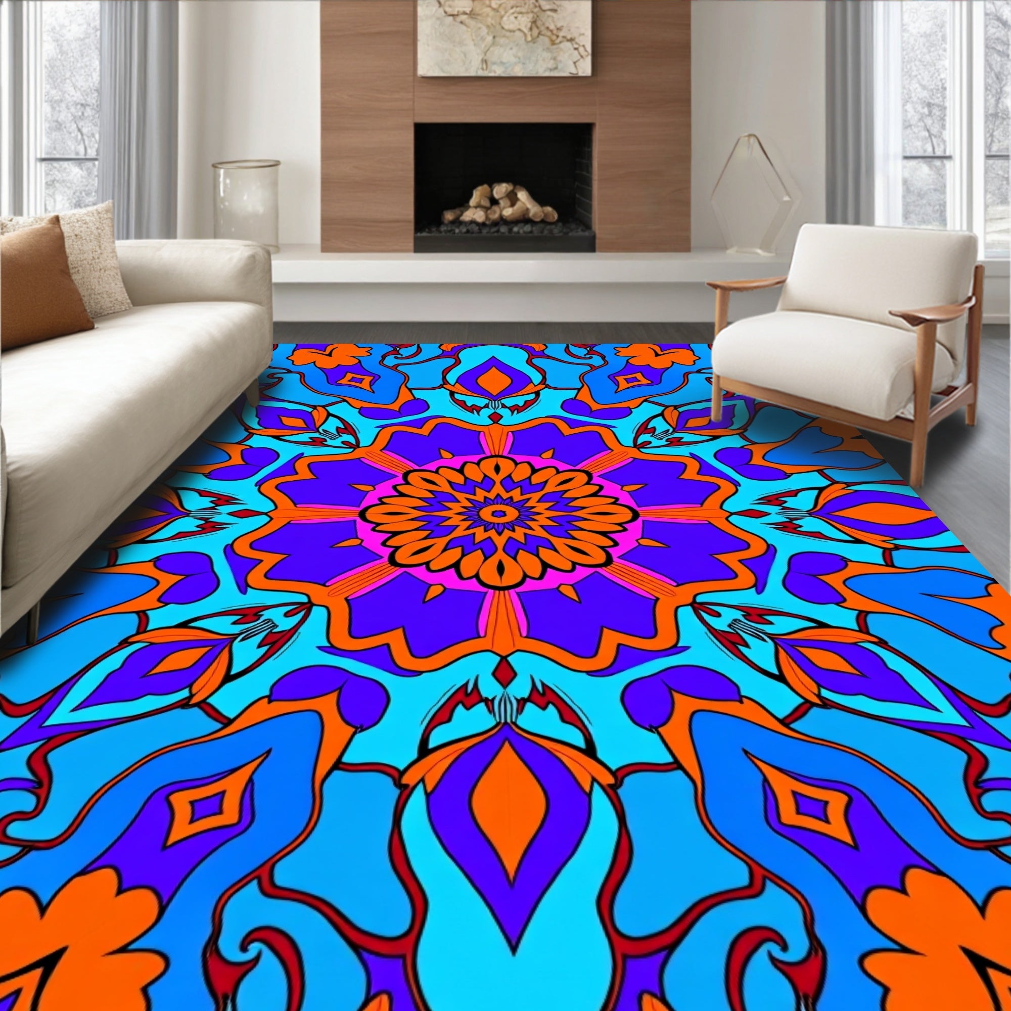Vibrant Orange Blue Medallion Swirl Rug