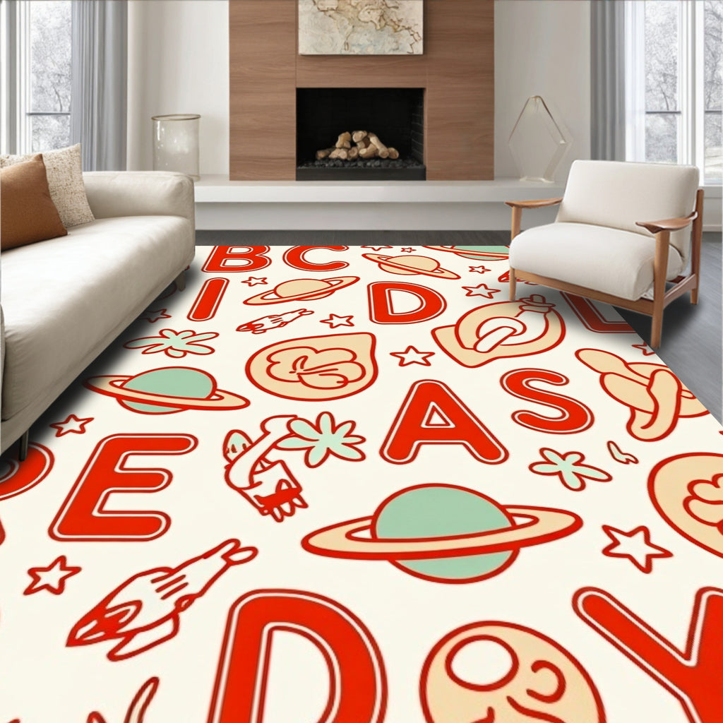 Retro Red Alphabet Space Adventure Rug
