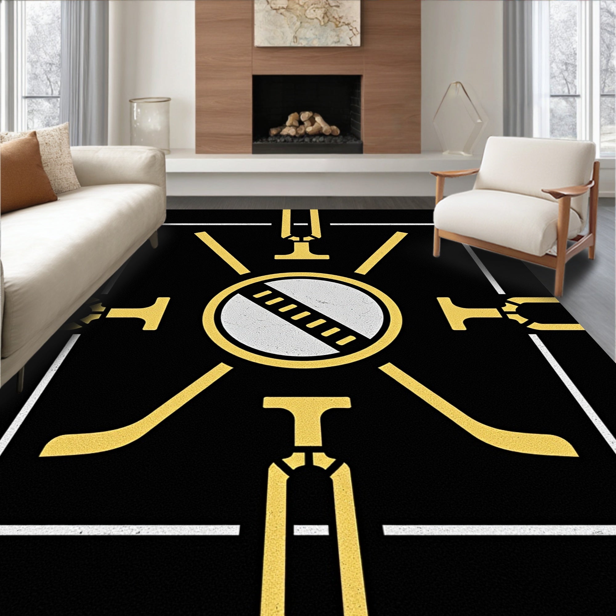 Modern Black Gold Geometric Sunburst Rug