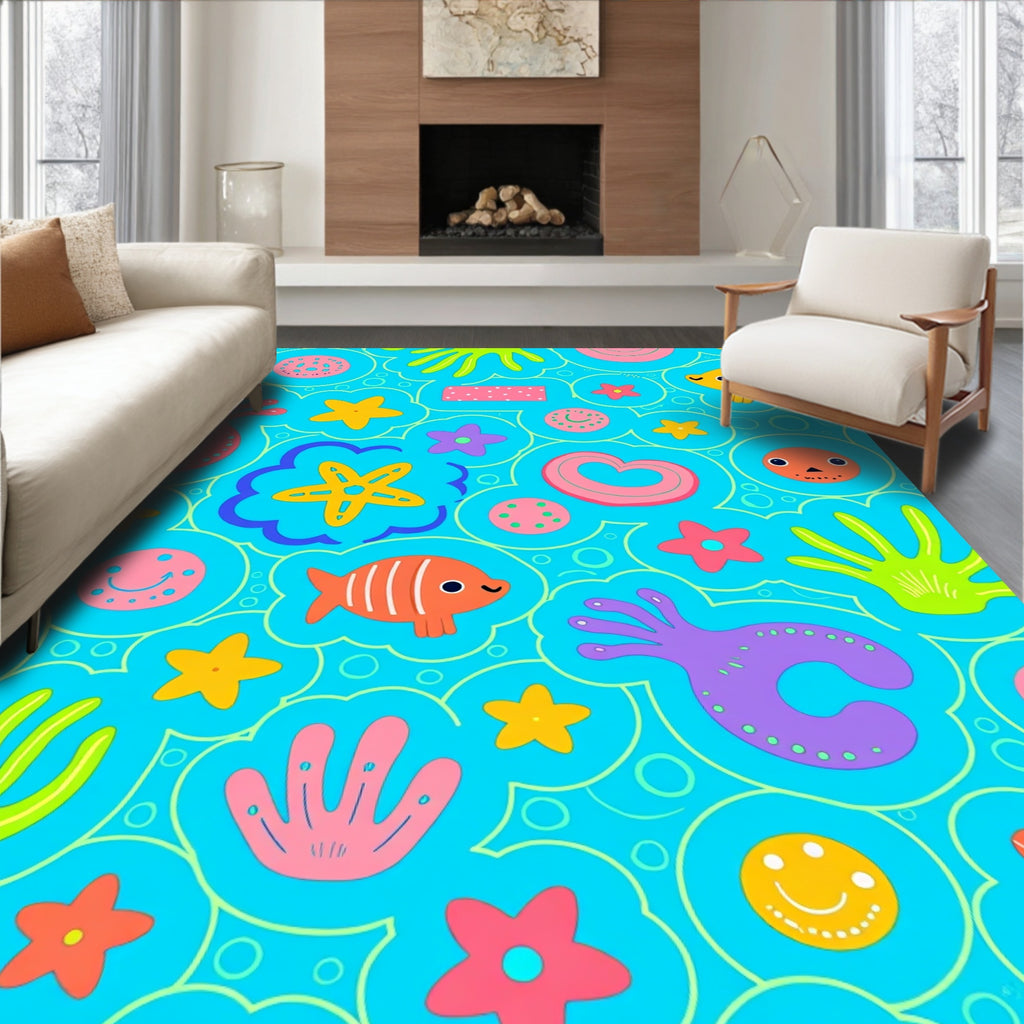 Playful Aqua Ocean Creatures Medley Rug