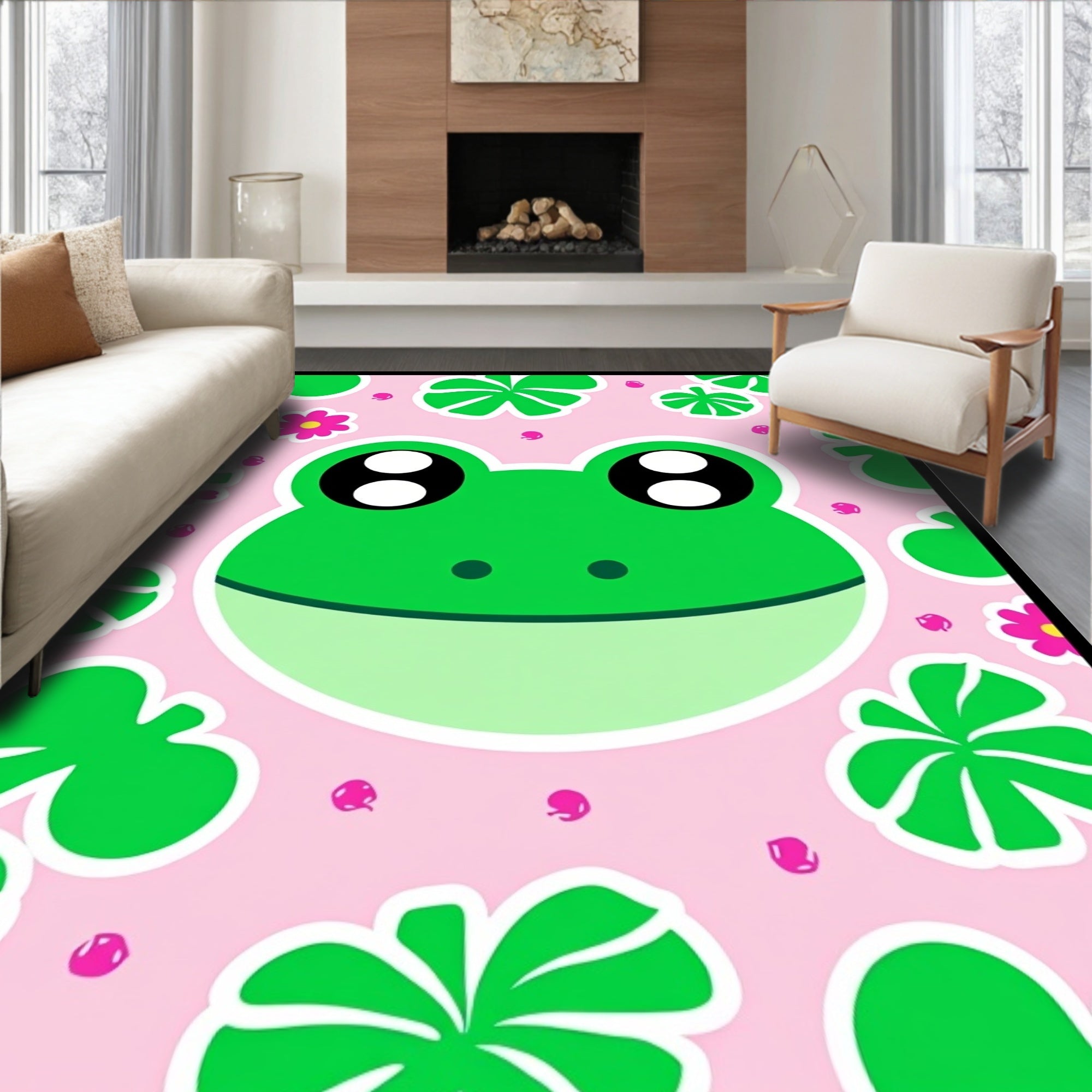 Playful Pink Frog Lily Pad Garden Rug