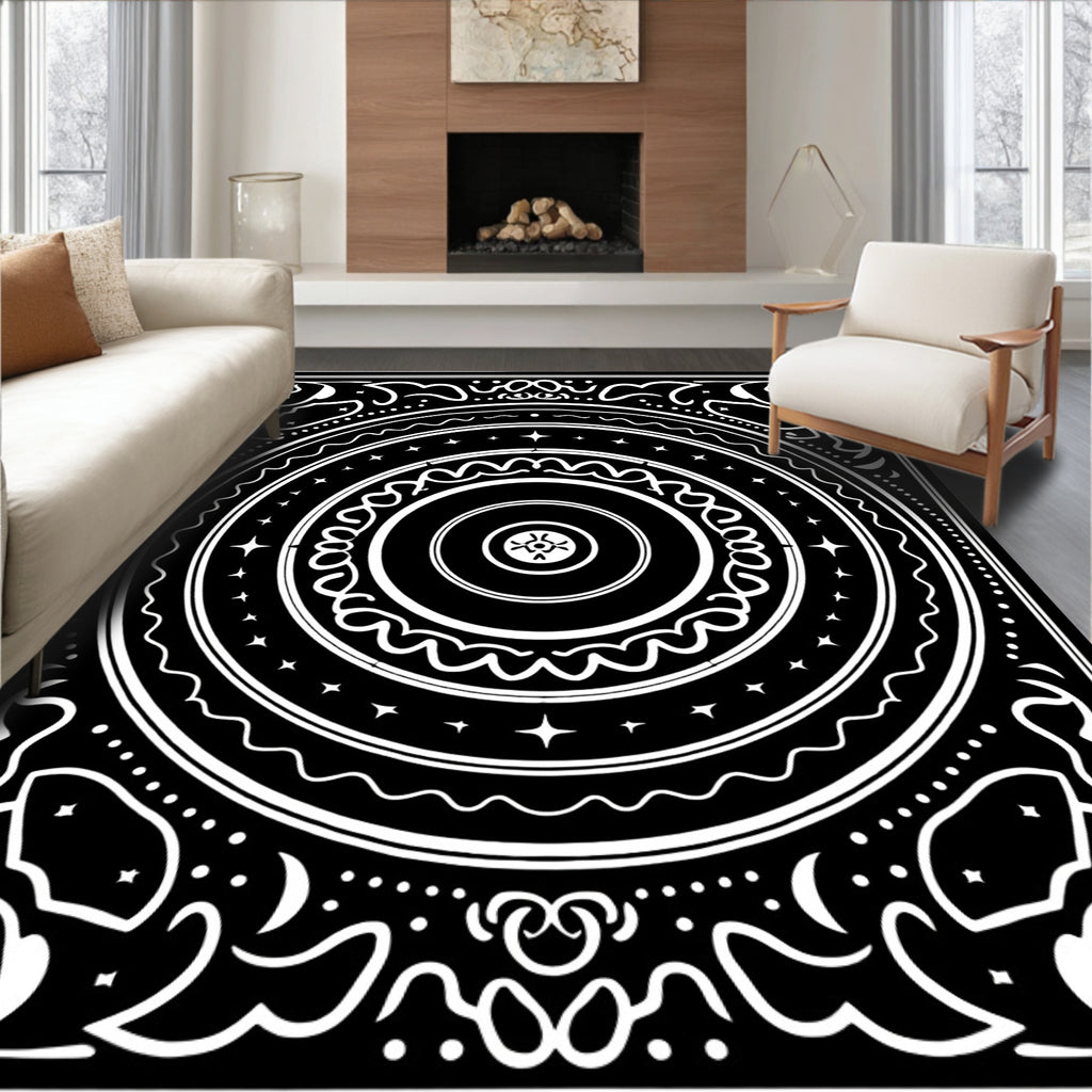 Black White Celestial Mandala Art Rug