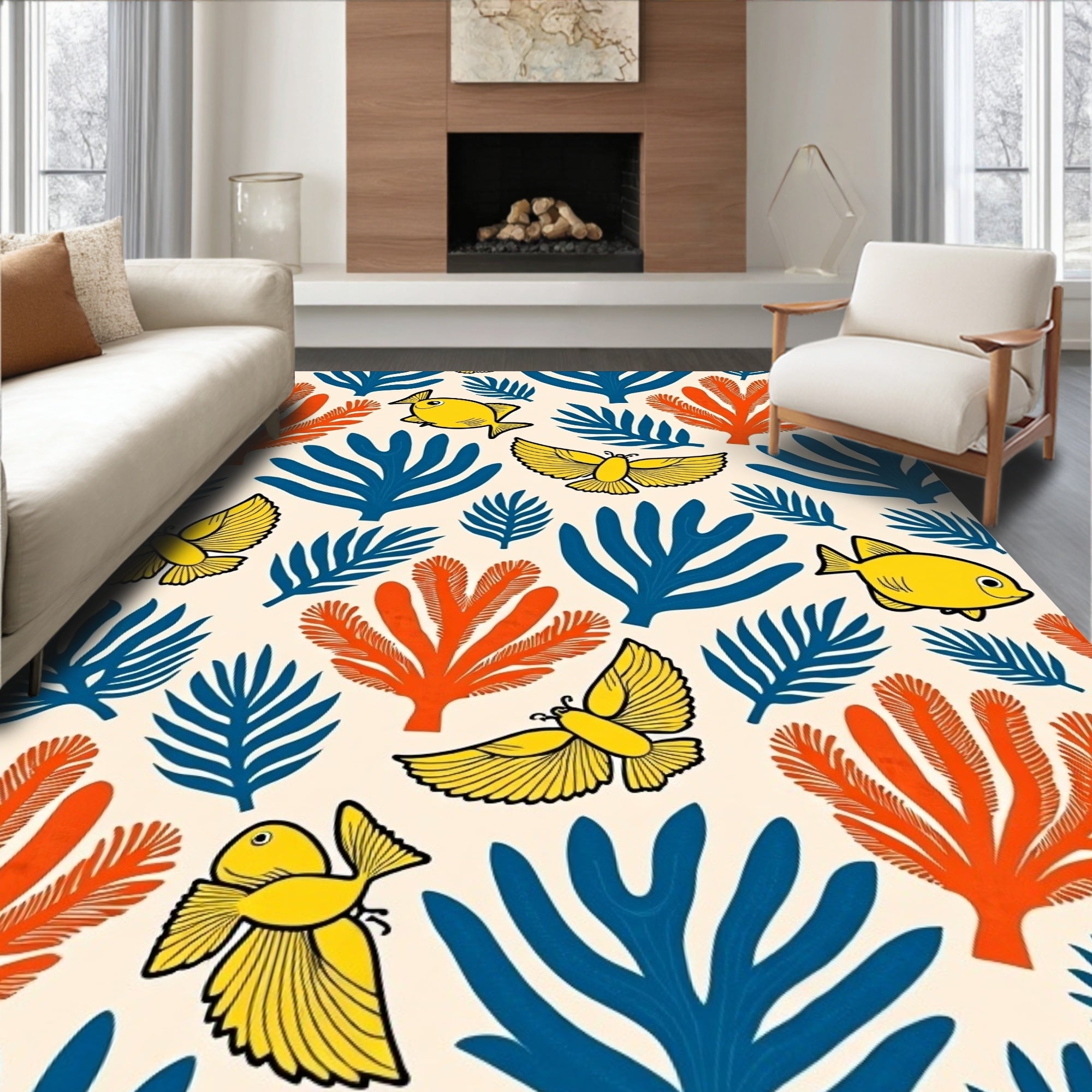 Whimsical Yellow Fish Orange Coral Rug