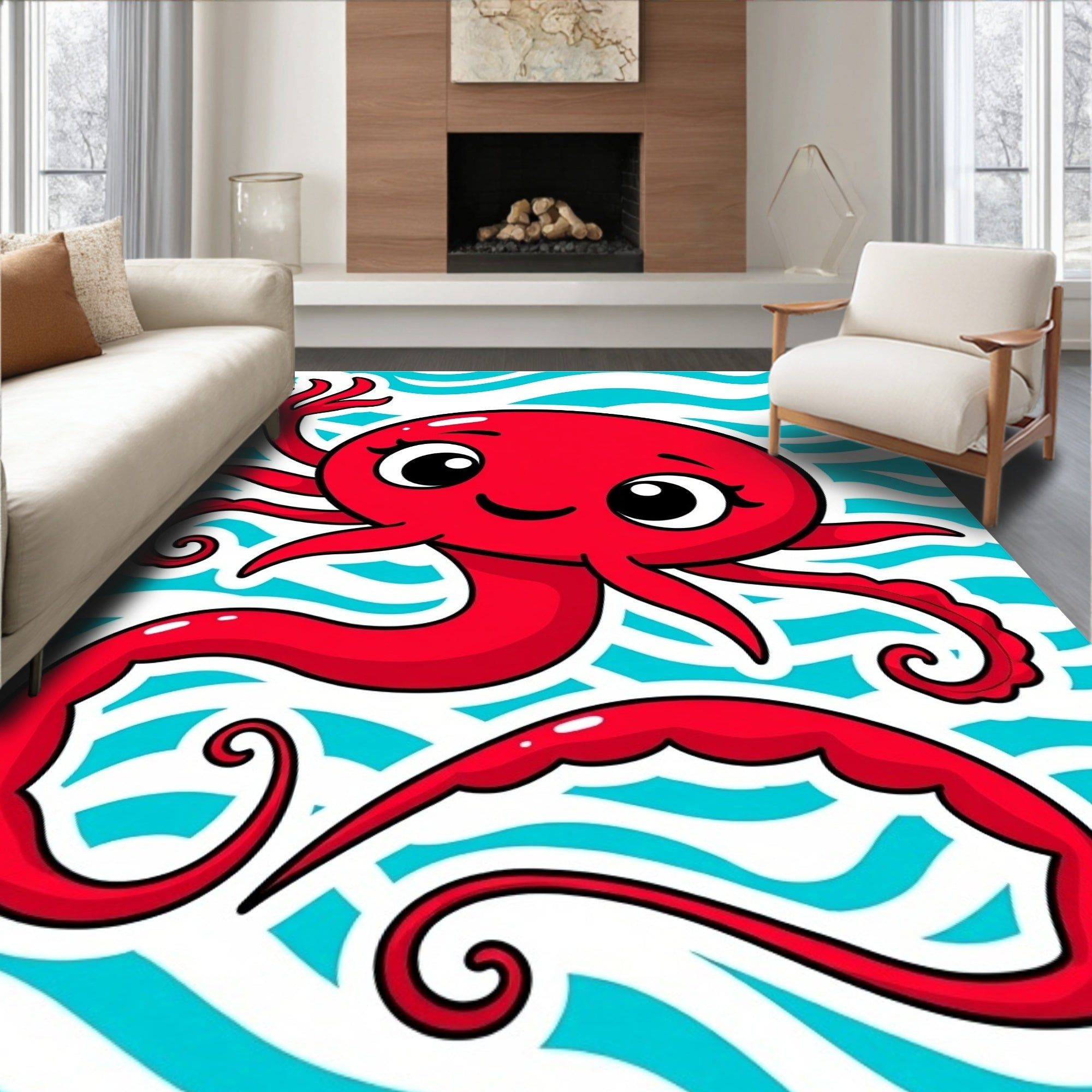 Red Octopus Aquatic Wave Illustration Rug