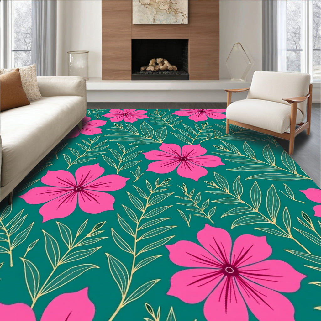 Vibrant Pink Floral Emerald Foliage Rug