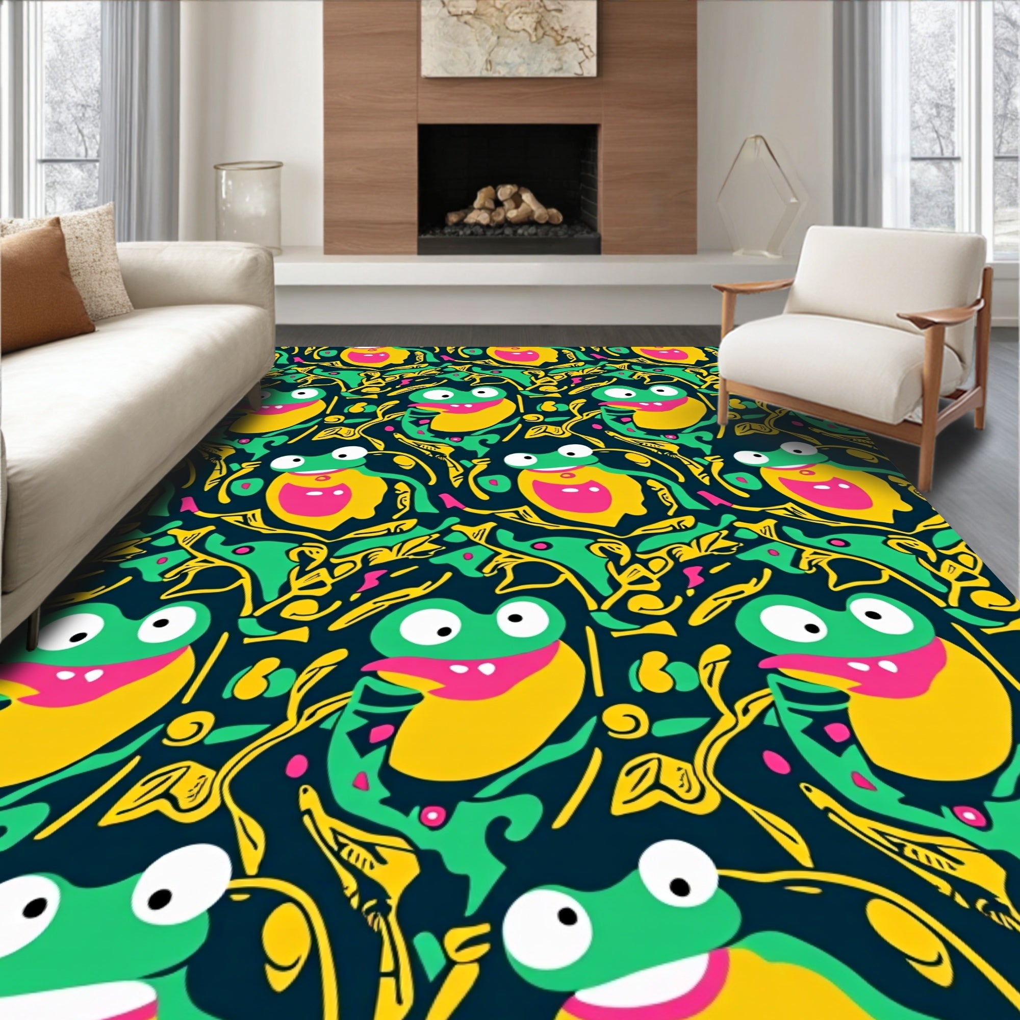 Quirky Green Frogs Yellow Swirls Rug