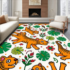 Playful Orange Tigers Tropical Foliage Rug