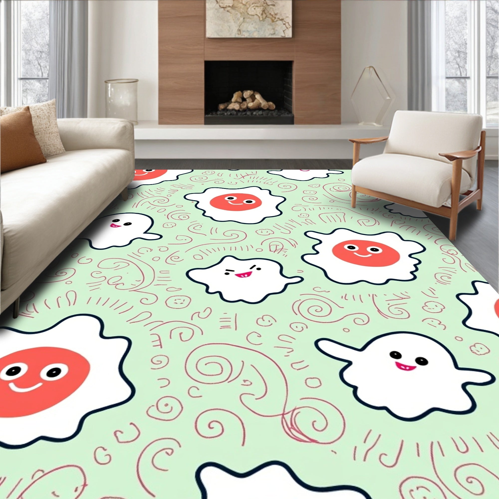 Cute Fried Egg and Ghost Swirls Rug