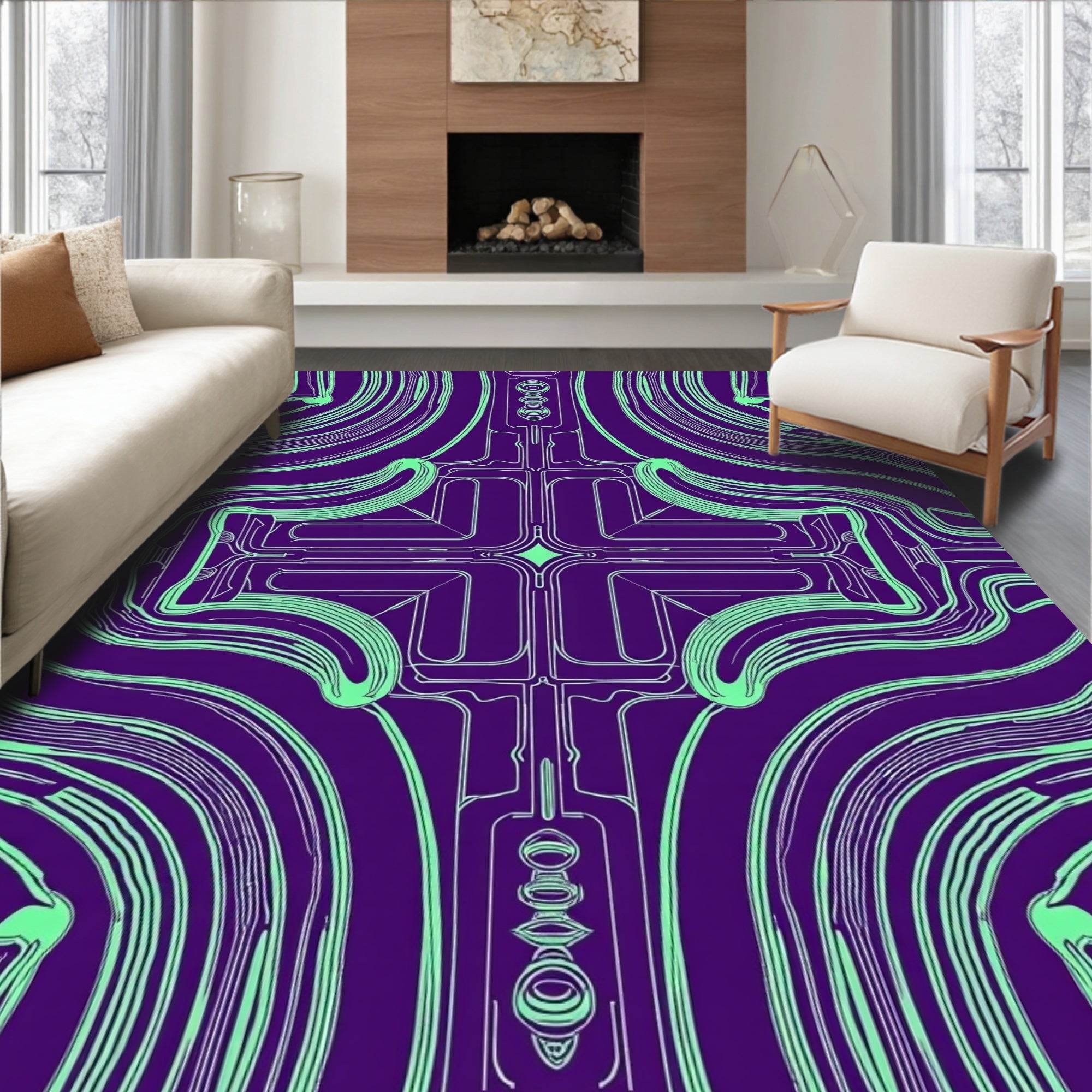 Purple Teal Abstract Interconnected Lines Rug