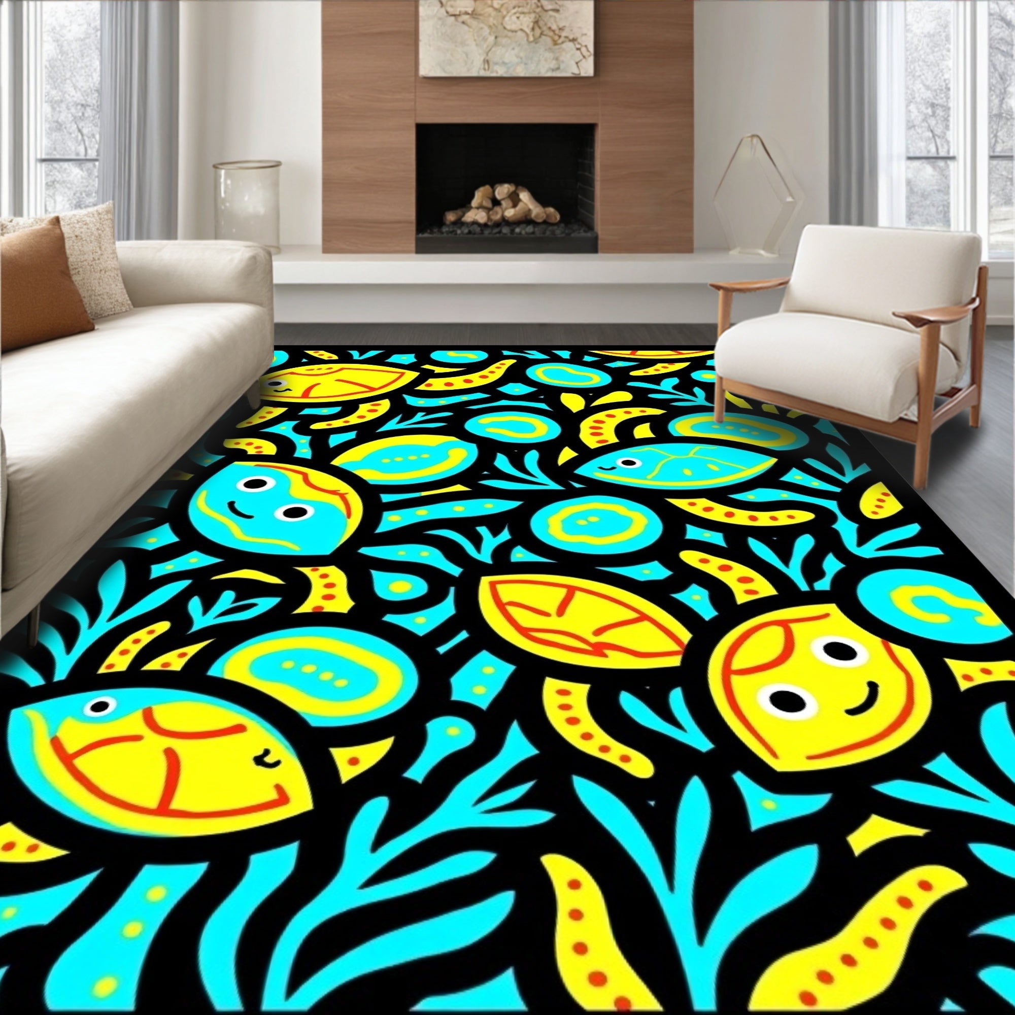 Whimsical Blue Yellow Fish Garden Rug