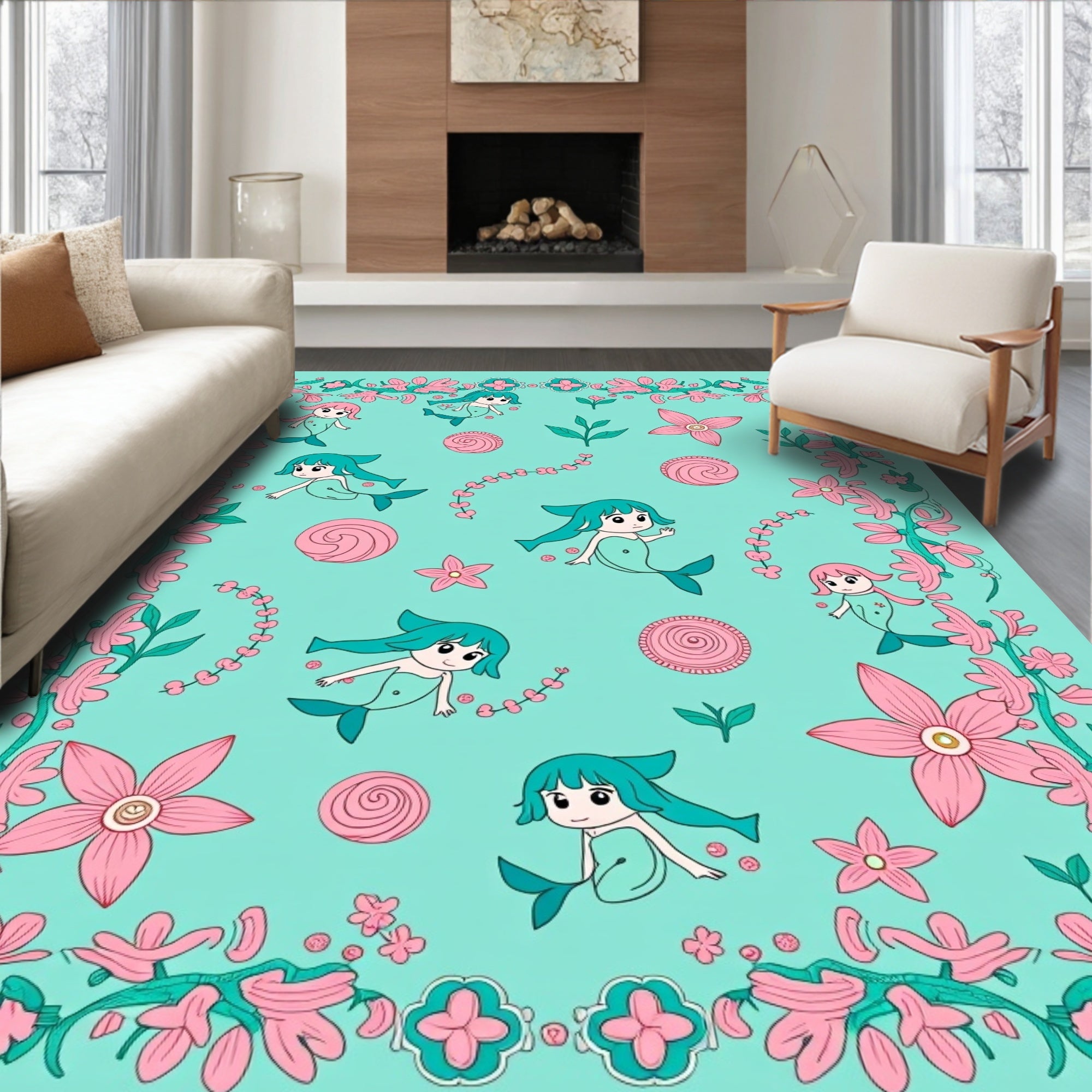 Sweet Aqua Mermaid Floral Whimsy Rug